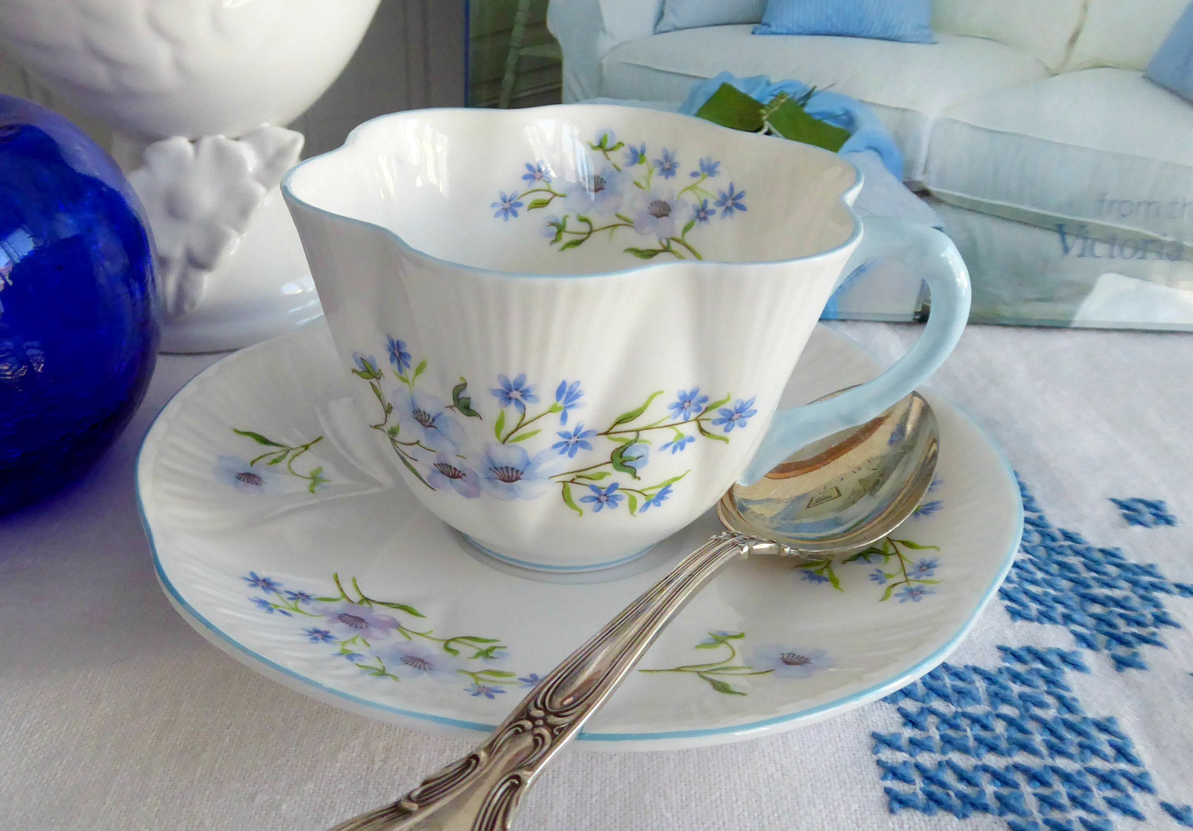 Vintage Shelley England Bone China Blue Rock Cup and Saucer Set - Dainty Floral Tea Cup for Afternoon Tea, Bridal Shower, and English Tea Party Decor