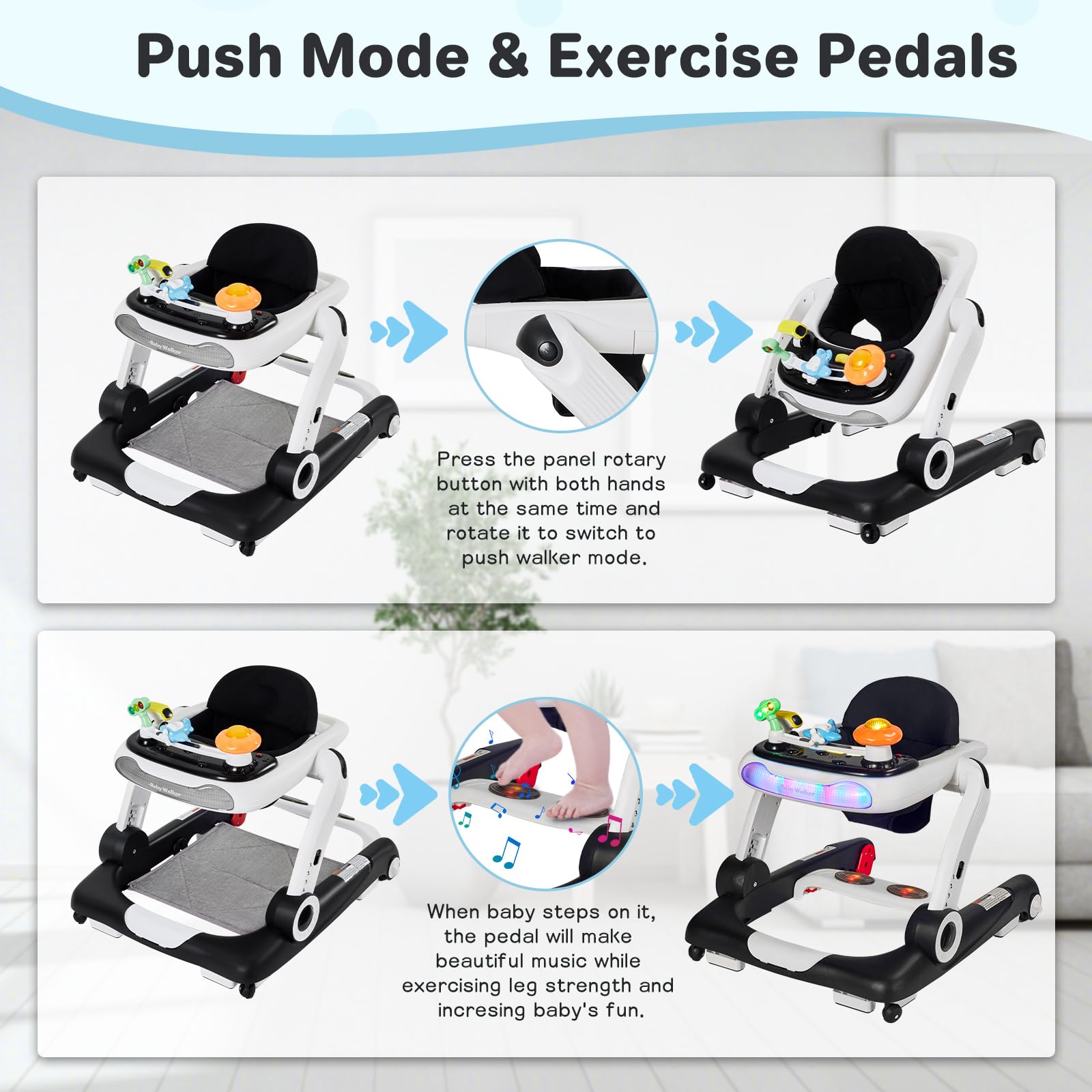 4-Gear Height Adjustable Baby Walker with Wheels - 5-in-1 Activity Center with Music & Lights - Safe Push Walker for Infants 6-18 Months (Adjustable Speed) - Perfect for Learning to Walk, Playtime & Early Development