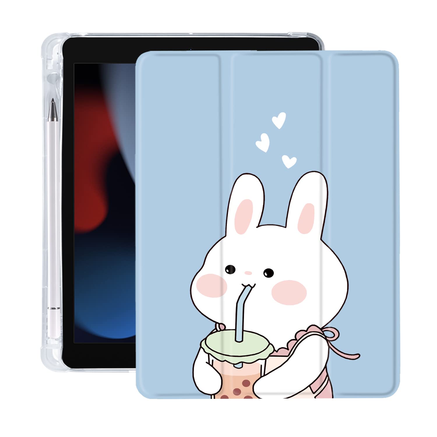 Cute Kawaii Bunny iPad Air 3 Case with Pencil Holder - Auto Sleep/Wake Function - Blue Leather & Clear Soft TPU Back Cover for iPad Pro 10.5 Inch (2017 Model) - Perfect for School, Work & Travel Protection