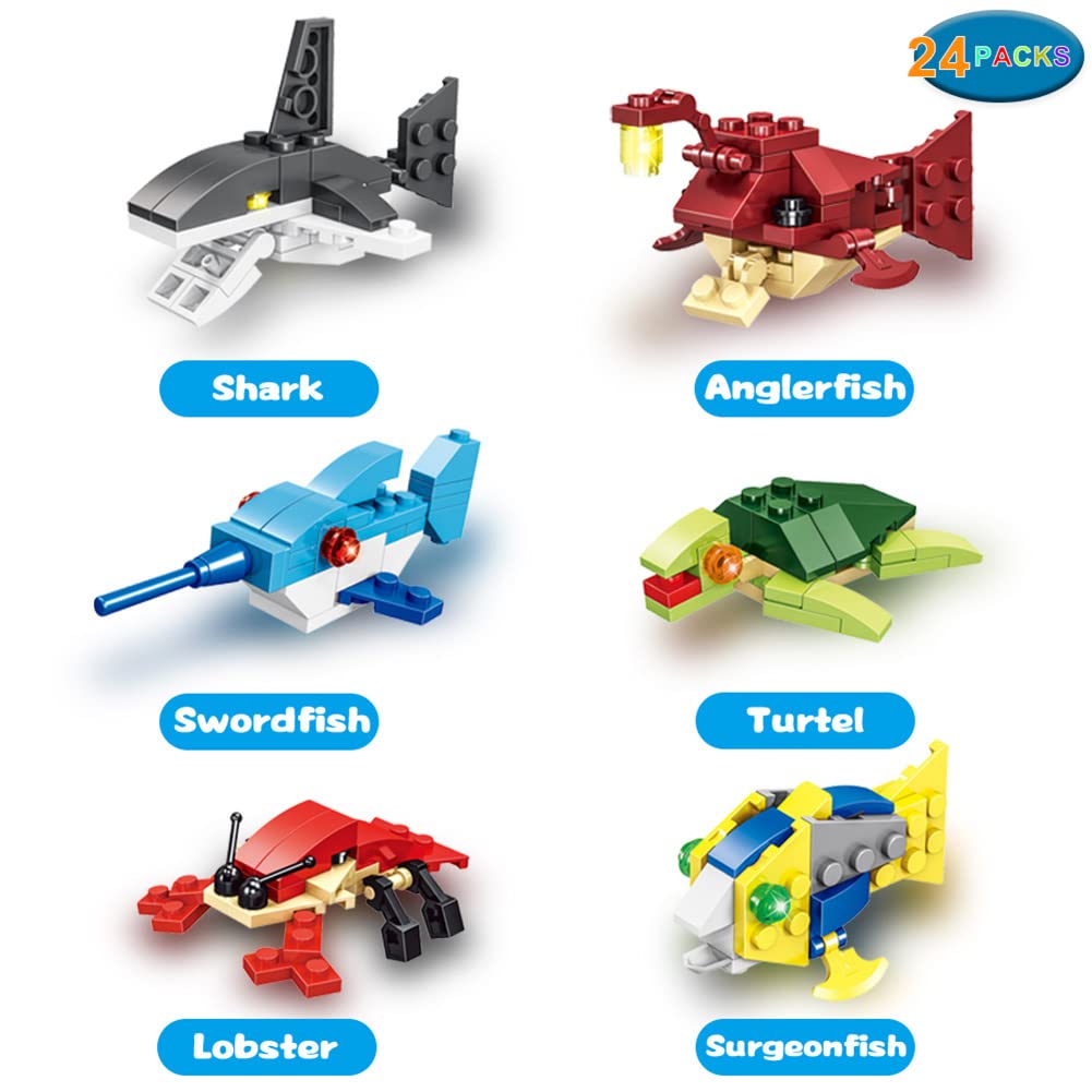 WODMAZ Valentine's Day Cards with Sea Animal Building Blocks - 24 Pack Kids Ocean Building Toys Set for Classroom Party Favors, Gift Exchange & Greetings | Perfect for Valentine's Day Gifts, School Events & Kids Birthday Party Activities