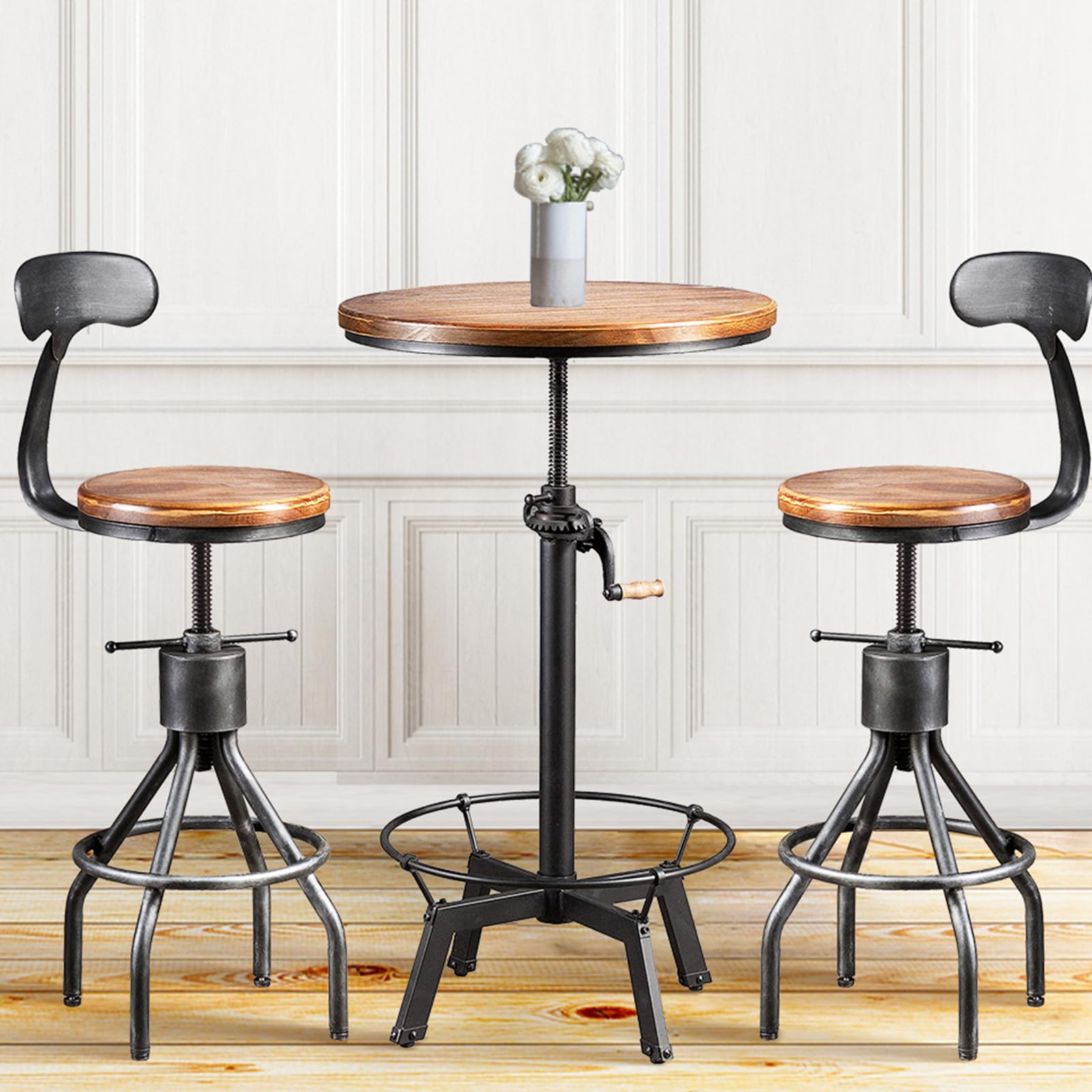 3-Piece Industrial Bar Table Set with Vintage Chairs - Metal Cafe Breakfast Dining Table & Bar Stools for Kitchen, Hallway, Restaurant & Home Decor