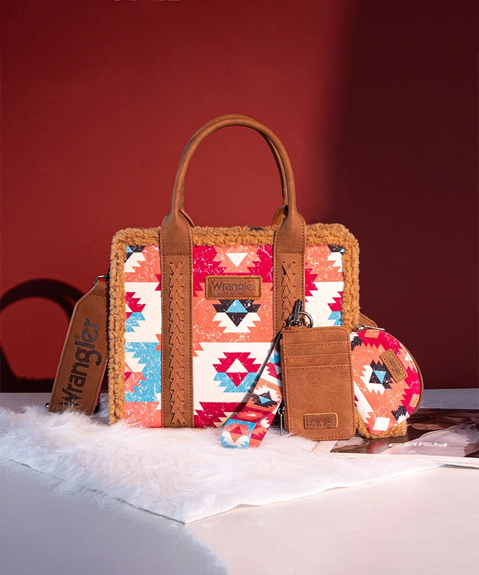 Wrangler Aztec Sherpa Trim Crossbody Purse Set for Women - Stylish Boho Shoulder Bag with Fringe Detail - Perfect for Casual Outings, Music Festivals & Travel Accessories