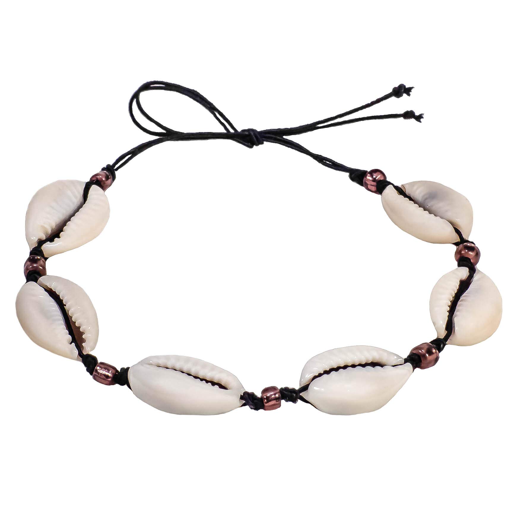 BlueRica Black Cord Cowrie Shell Anklet Bracelet with Light Brown Accent Beads - Boho Beach Jewelry for Women, Summer Festival Accessories, Vacation Style