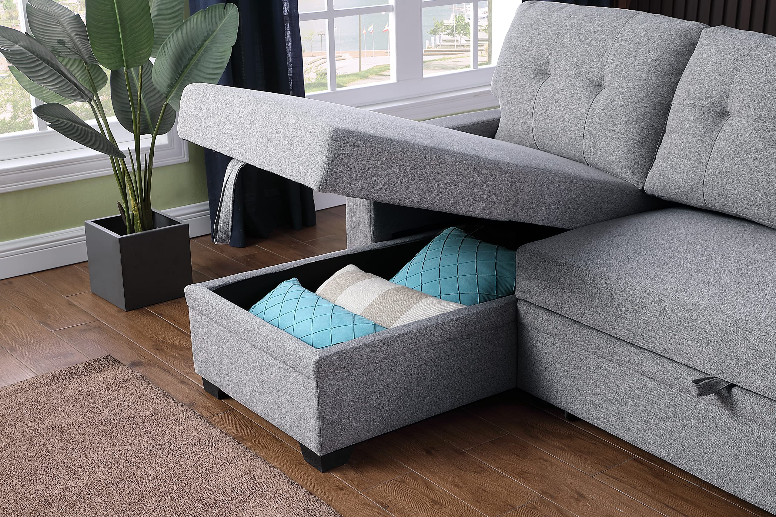 Devion Furniture L-Shape Sleeper Sectional Sofa with Linen Fabric - Convertible Sofa Bed for Living Room, Apartment & Dorm - Light Gray | Perfect for Small Spaces, Guest Rooms & Studio Apartments