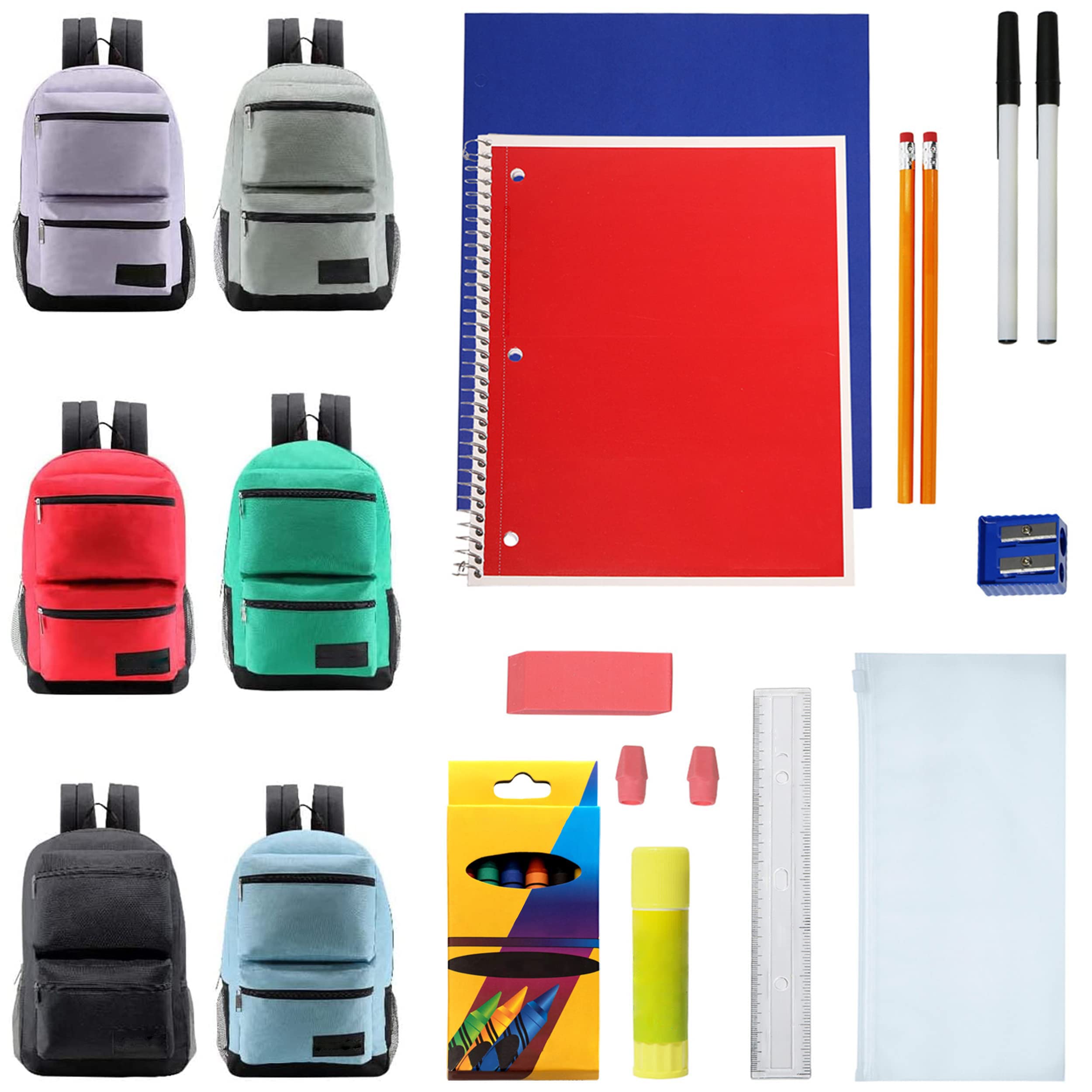 6-Pack 17 Inch Backpacks with 18 Piece School Supplies Set - Includes Pens, Pencils & Crayons - Bulk Back to School Bundle for Elementary, Middle & High School Students - 6 Colorful Styles - Perfect for Classroom, Study & Daily Use
