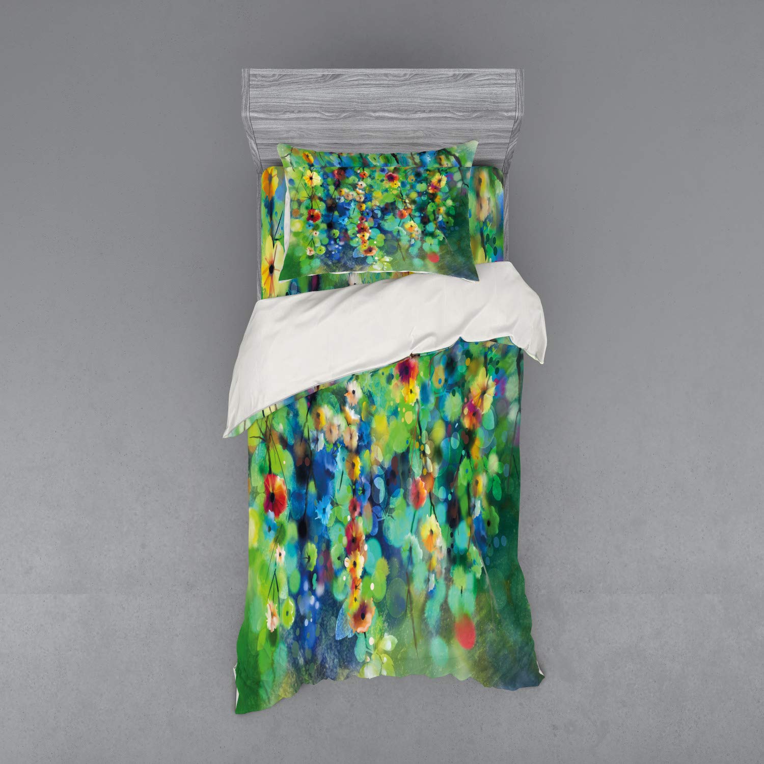 Ambesonne Floral Duvet Cover Set - Vibrant Bloom Design, 3-Piece Bedding with Sham & Fitted Sheet, Twin Size, Green & Blue - Perfect for Spring Decor, Birthday Gifts & Bedroom Refresh