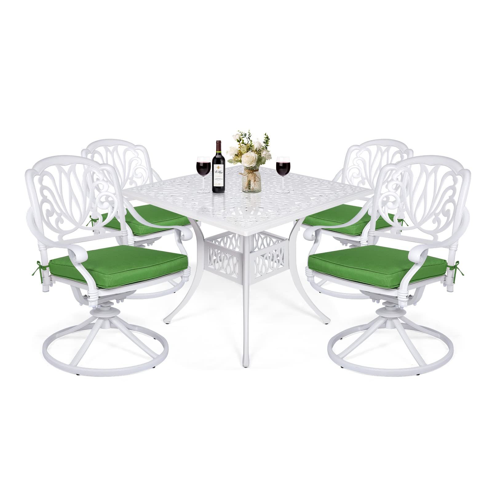 VIVIJASON 5-Piece Outdoor Patio Dining Set - All-Weather Cast Aluminum Conversation Set with 4 Swivel Chairs & 1 Square Table (Umbrella Hole) - White Patio Furniture for Balcony, Lawn, Garden - Perfect for Backyard BBQs, Poolside Relaxation & Outdoor Entertaining