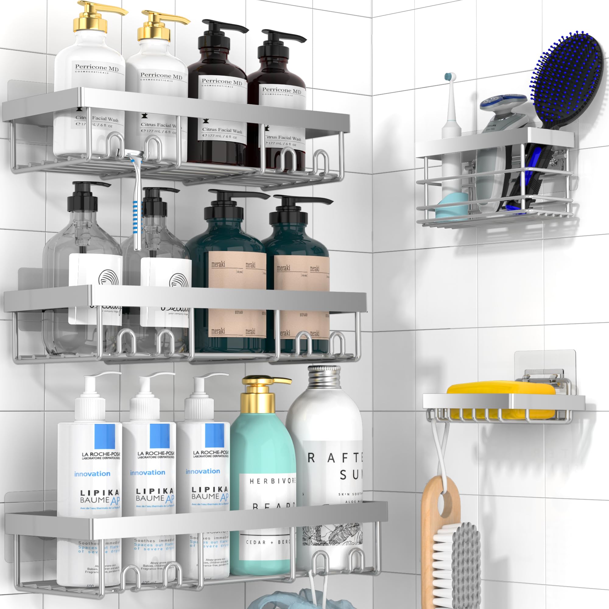 Moforoco 5-Pack Adhesive Shower Caddy Organizer - Waterproof Bathroom Storage Shelves for Shampoo, Soap & Toiletries | Space-Saving Corner Rack for RV, Apartment, Camper & Home Decor (White) - Perfect for Small Bathrooms, College Dorms & Mobile Living Spaces