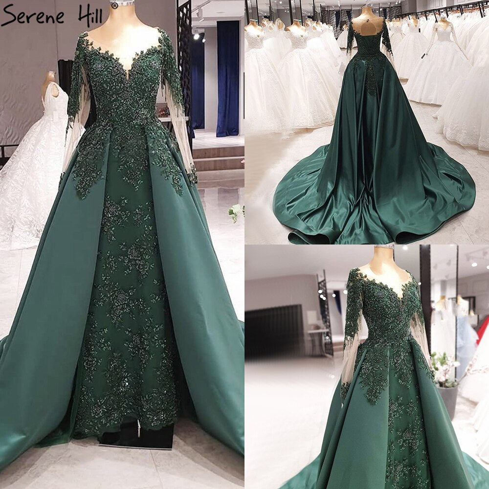 Elegant Muslim Green Evening Dress with Train - Luxury Satin Long Sleeve Gown for Women - Perfect for Weddings, Parties & Special Occasions