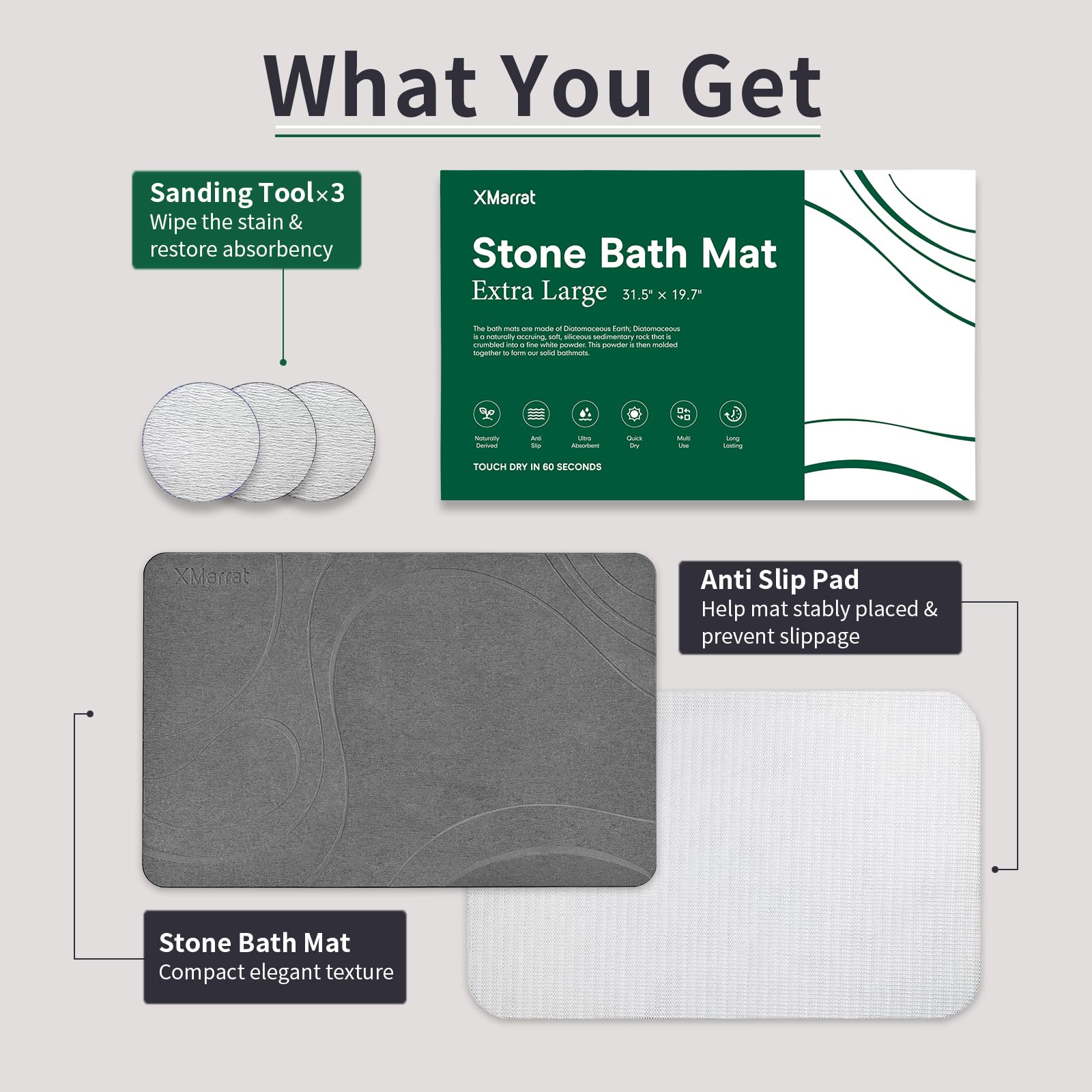 Premium Extra Large Diatomaceous Earth Bath Mat - 31.5