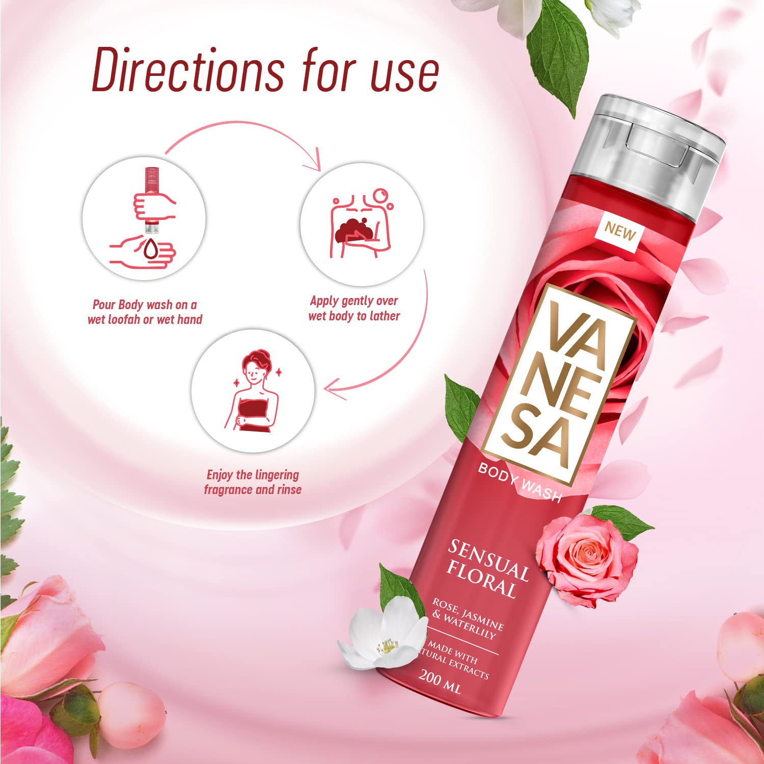 VANESA Sensual Floral Body Wash - 200ml Each (Pack of 2) | Floral Scented Shower Gel for Women | Moisturizing & Gentle Cleanser for Daily Use | Perfect for Relaxing Baths & Aromatherapy