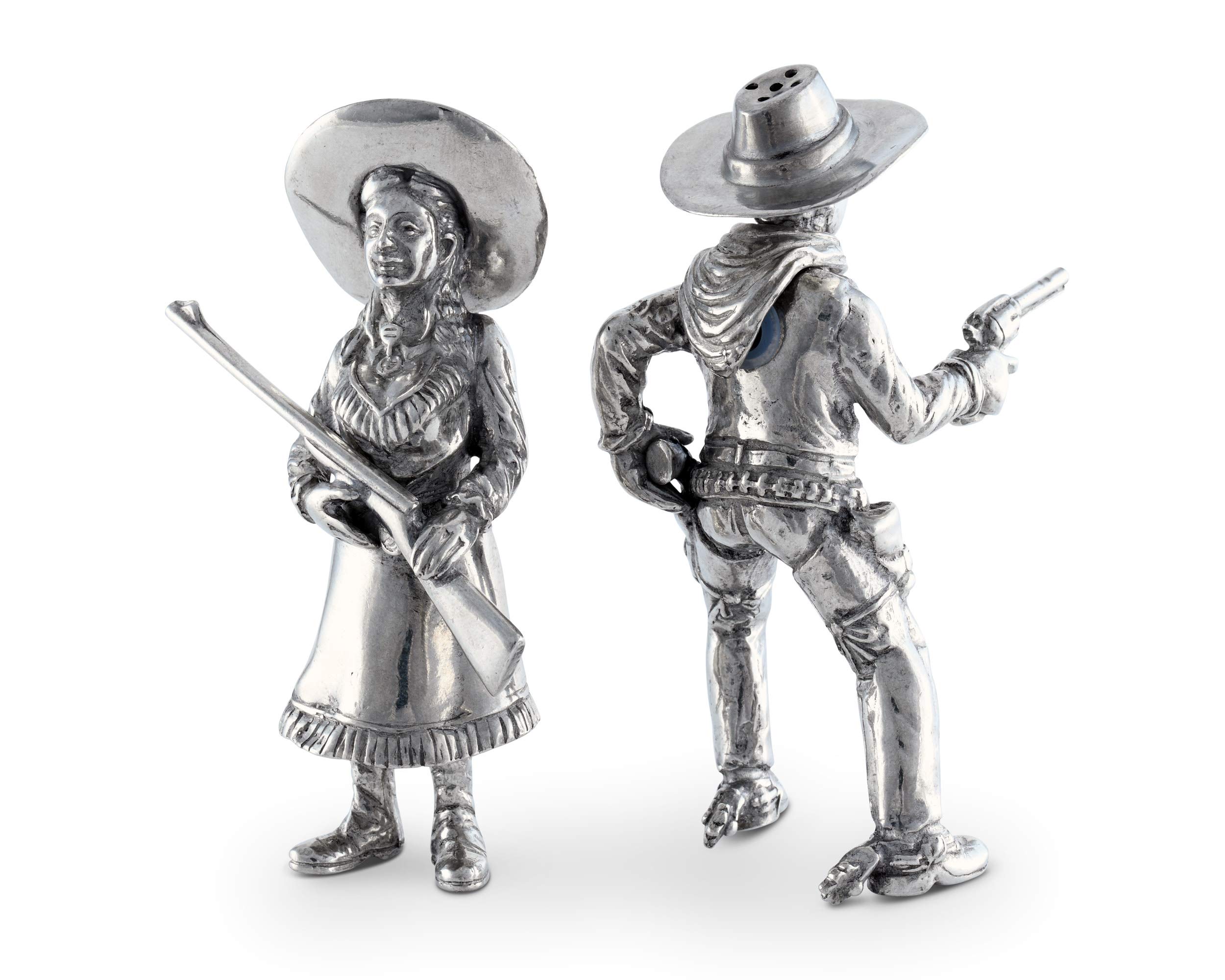 Vagabond House Pewter Cowboy & Cowgirl Salt and Pepper Shaker Set - 5 Inch Tall Western-Themed Kitchen Decor for Ranch, BBQ, and Country Style Dining