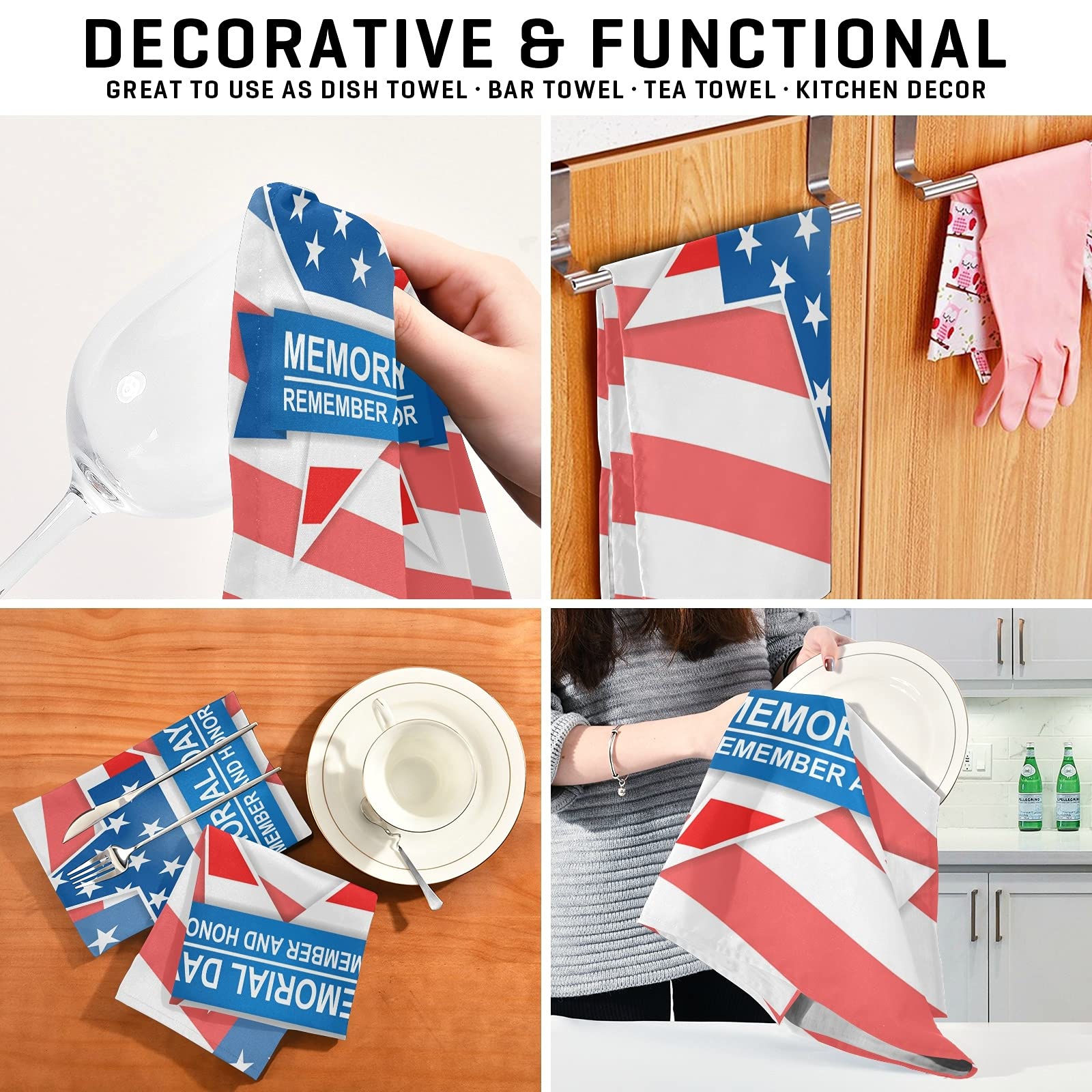 ALAZA Memorial Day Star Print Kitchen Towels Set of 4 - Super Absorbent Dish Towels, Soft Washcloths for Drying Dishes & Cleaning - 28x18 Inch Home Decor Kitchen Essentials - Perfect for Holiday Gifts & Farmhouse Style Kitchens