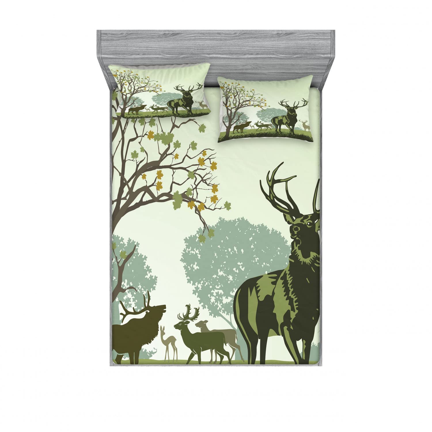 Ambesonne 2-Pack Queen Size Fitted Sheet Set with 4 Pillow Shams - Deer & Nature Park Design Green Bedding Collection | Soft Microfiber Sheets for Guest Room, Vacation Home or Cabin Decor