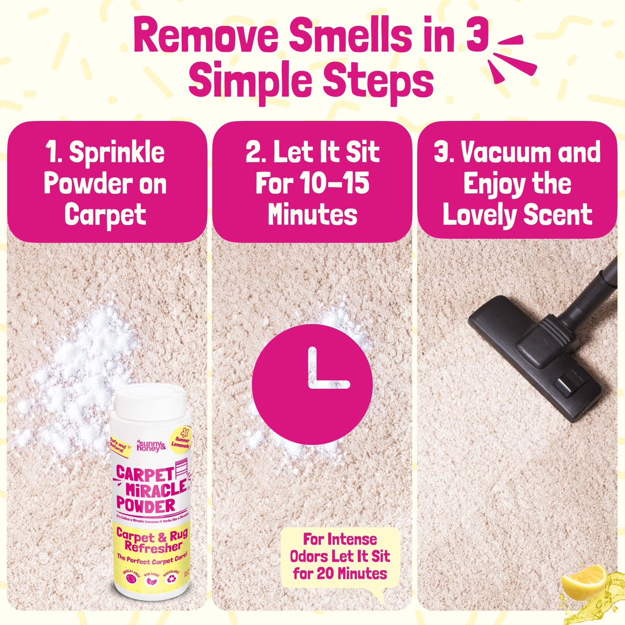 Sunny & Honey Carpet Miracle Powder - 20 oz Lemon Scented Dry Carpet Cleaner for Kids & Pets | Pet Safe Carpet Deodorizer & Freshener | Removes Odors from Carpets, Rugs & Upholstery | Perfect for Homes with Children & Pets