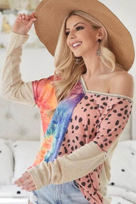 Bibi Print Block V Neck Top With Contrast Stitching In Blush | Flowy Casual Blouse for Women | Perfect for Office Wear, Date Nights & Summer Outfits