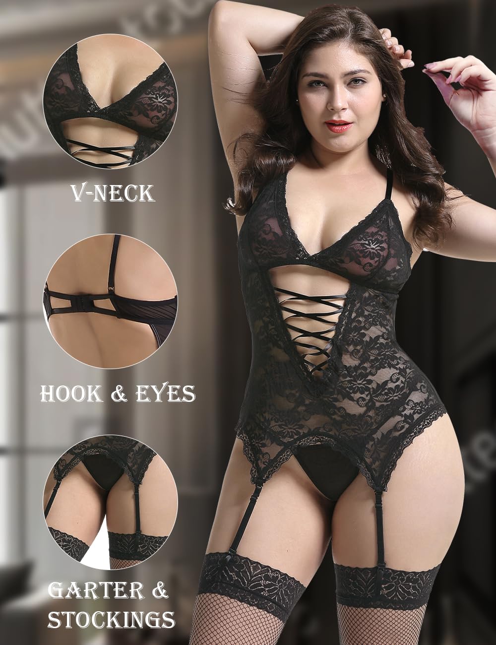 Anyou Women's Lingerie Set - Stretchy Lace Teddy with Stockings, Plus Size Lingerie S-XXXXL for Date Night, Bridal Shower & Romantic Occasions