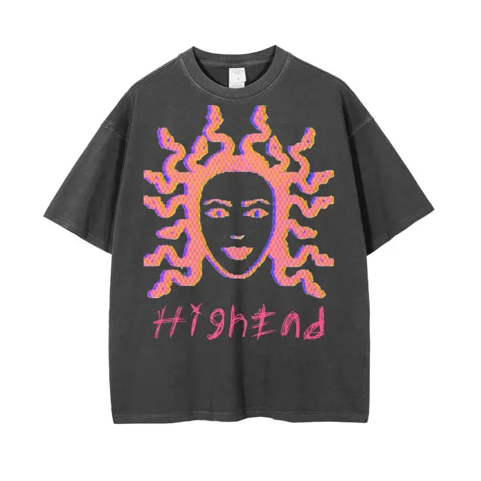 Premium Vintage Wash Medusa Print Drop Shoulder T-Shirt - 250 GSM Heavyweight Cotton for Men & Women | Casual Streetwear & Gothic Fashion