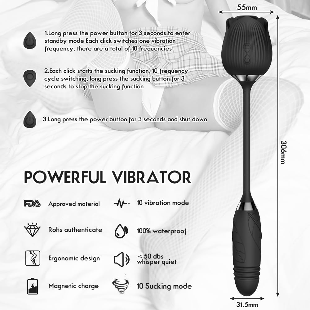 **Rose Thrusting Pump G-Spot Stimulator - Sucking Vibrator Bullet Dildo for Women - Waterproof & Rechargeable Adult Sex Toy for Couples & Solo Play**