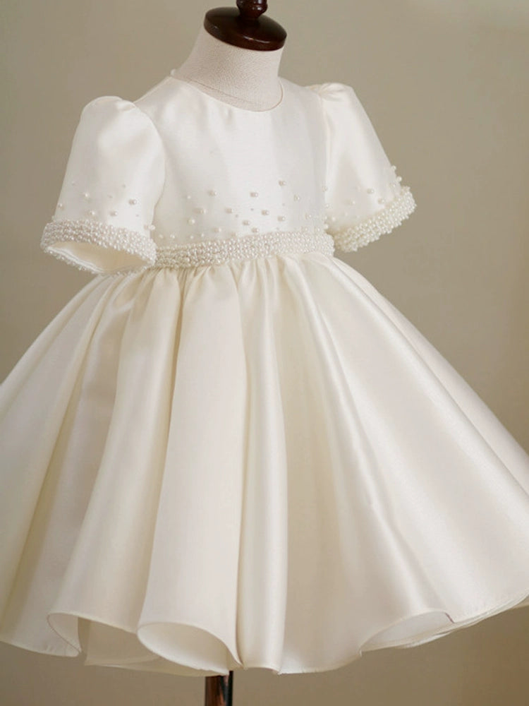 Princess Round Tea Length Satin Flower Girl Dress - White Flower Girl Dress for Weddings, Birthday Parties & Special Occasions