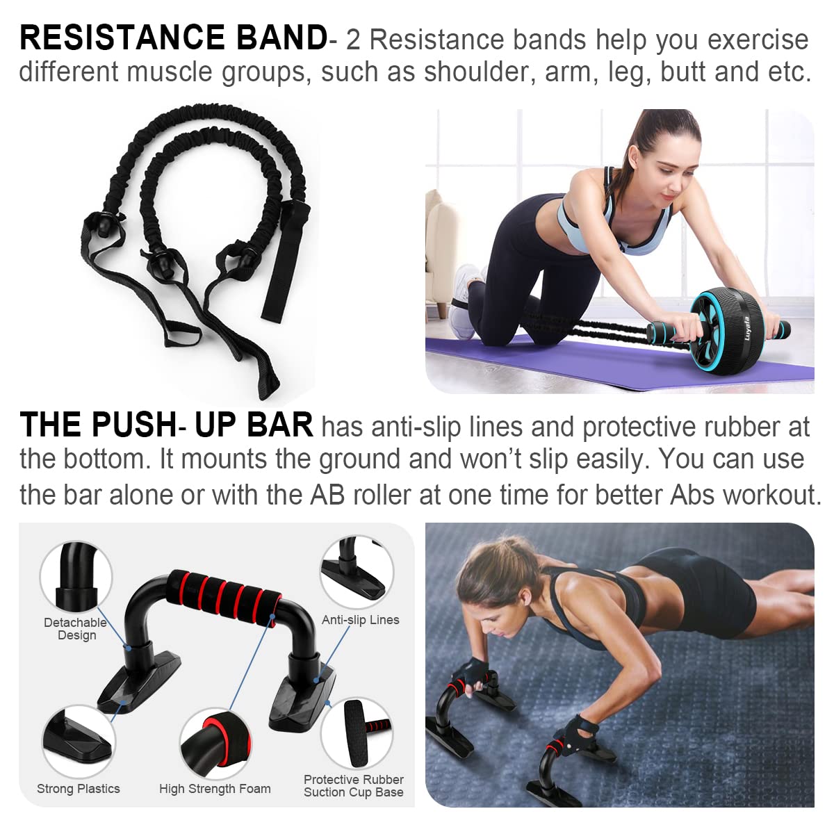 10-in-1 Ab Roller Wheel Kit with Resistance Bands, Knee Mat, Jump Rope & Push-Up Bar - Core Strength & Abdominal Workout Equipment for Home Gym - Perfect for Men & Women Training, Yoga, and Full-Body Fitness