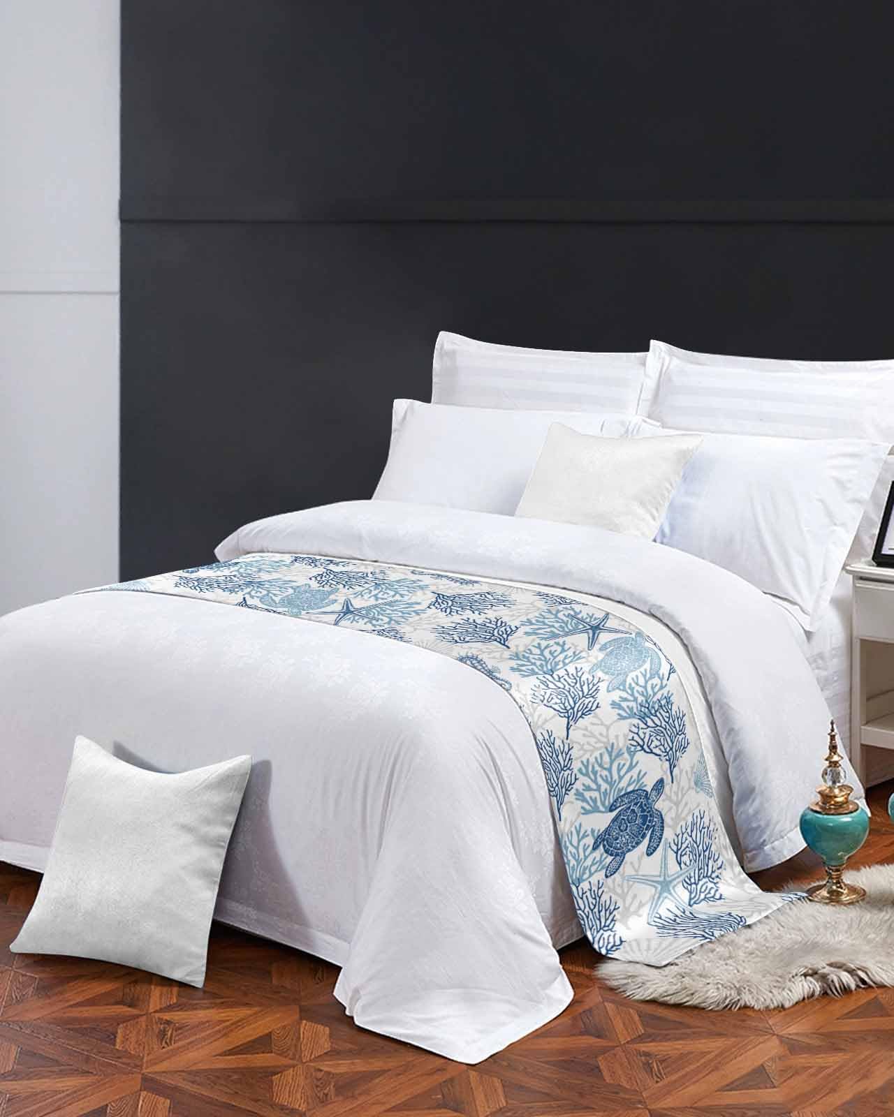 Navy Blue & Grey Coastal Bed Runner for California King Size Beds - 102 x 20 Inch Nautical Sea Turtle Design Summer Beach Bed Scarf Throw - Perfect for Hotels, Guest Rooms & Coastal Home Decor