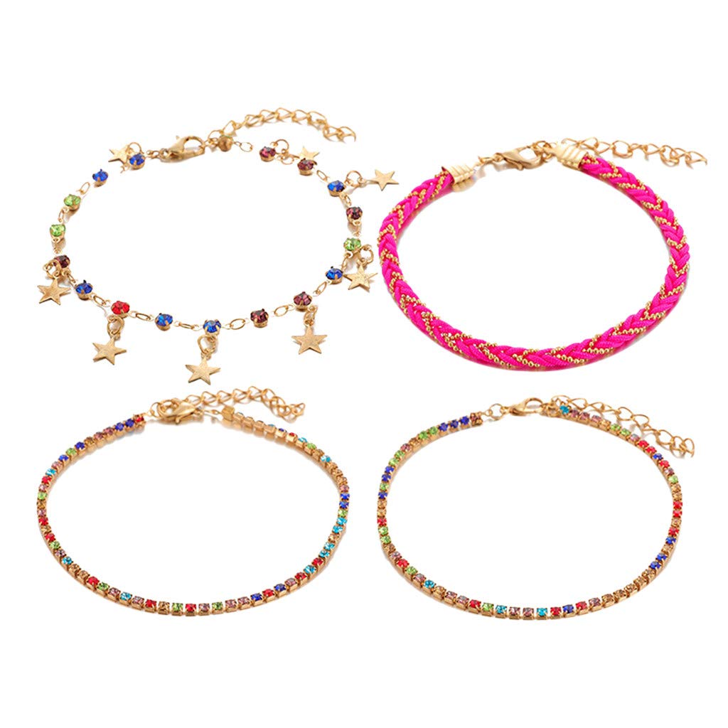Trendy Women's Summer Anklet Bracelet Set - 4-Piece Boho Tassel Star Woven Ankle Bracelets with Colored Diamonds for Teens & Adults | Adjustable One Size Fits Most | Perfect for Beach, Vacation & Festival Outfits