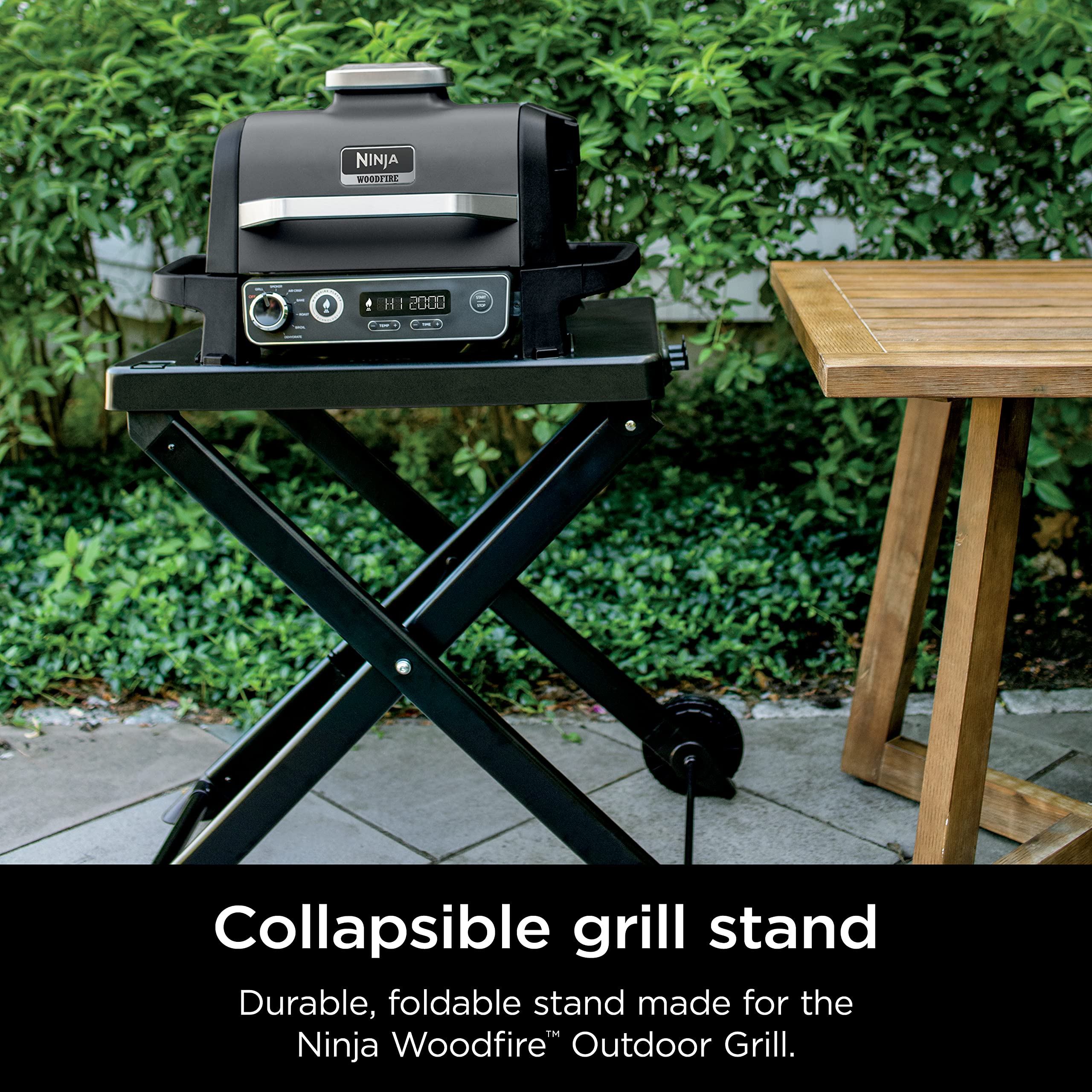 Ninja XSKSTAND Collapsible Outdoor Grill Stand - Compatible with Ninja Woodfire OG700 Series Grills | Foldable Design with Side Utensil Holder | Weather-Resistant Black Steel | Perfect for Camping, Backyard BBQs & Tailgating