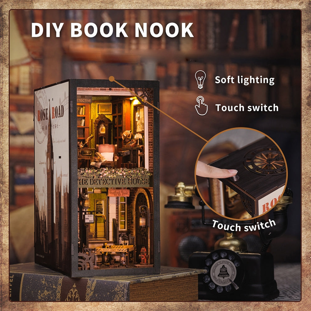 Book Nook Kit: Rose Detective Agency with Dust Cover - DIY Miniature Bookshelf Insert for Home Decor, Gift for Book Lovers & Mystery Enthusiasts - Perfect for Living Room, Bedroom & Office Display