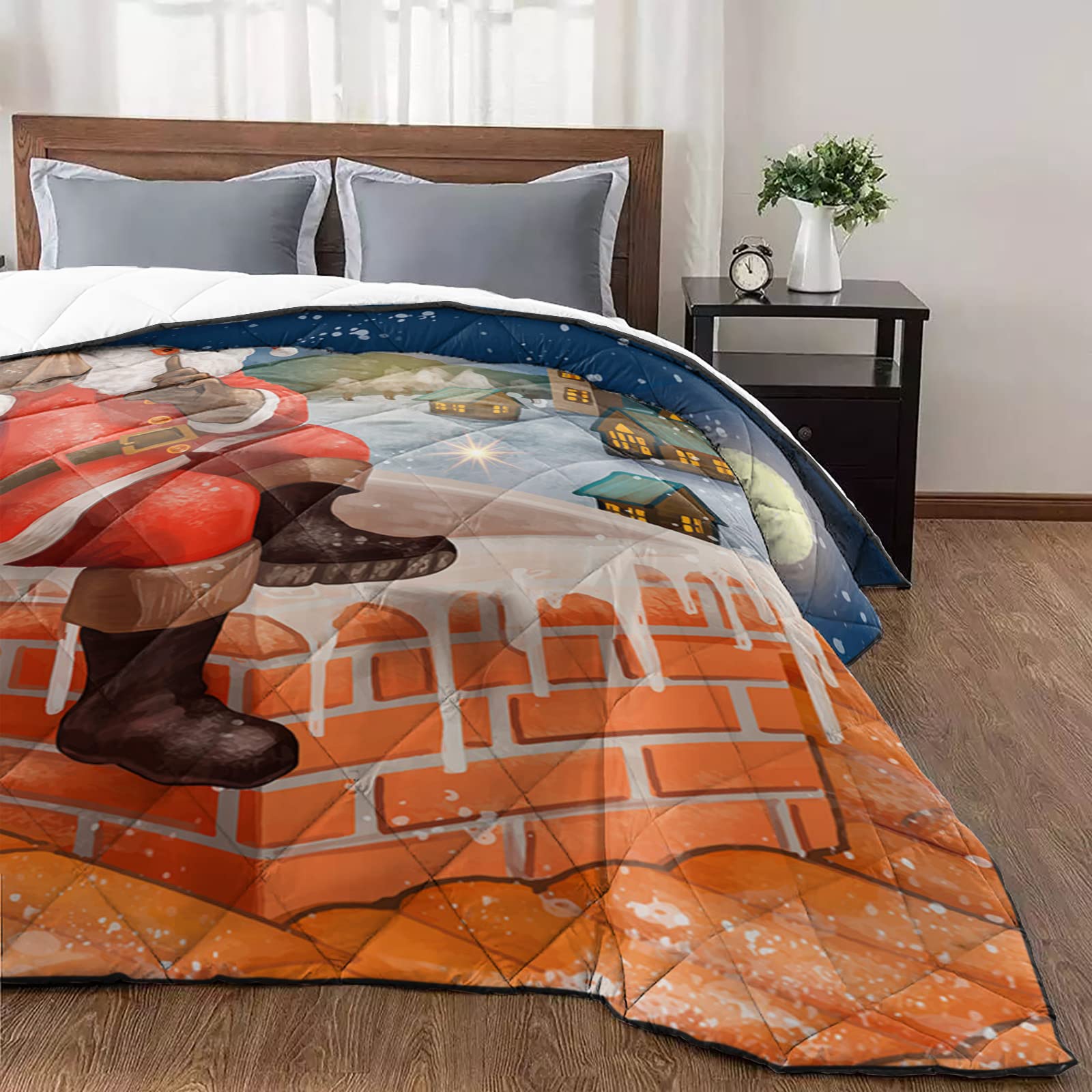 Luxury California King Quilted Comforter - Thin, Soft & Cozy Reversible Bedspread with Christmas Santa Claus & Snow Village Design - All Season Lightweight Quilt Coverlet for Master Bedroom, Guest Room & Holiday Decor