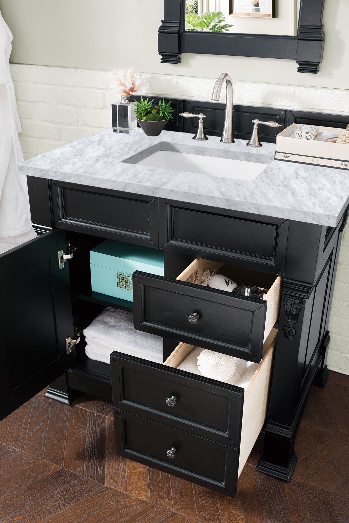 Brookfield 36 Inch Single Bathroom Vanity with Antique Black Finish & 3CM Carrara Marble Top - Perfect for Modern & Traditional Bathroom Designs