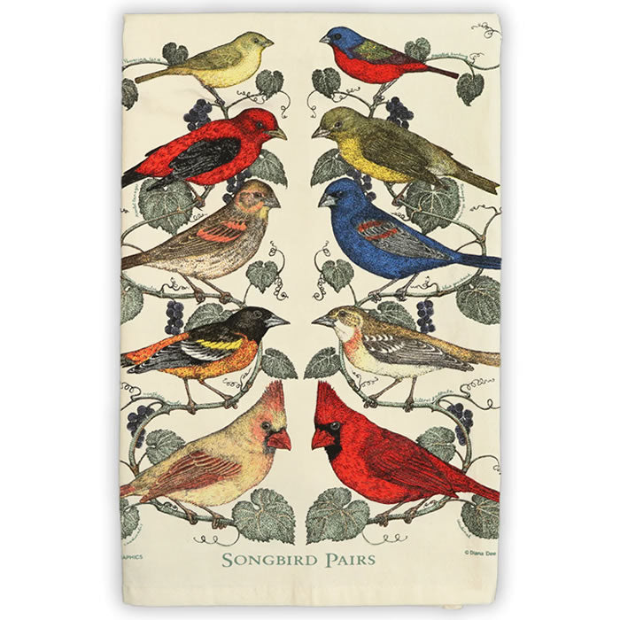 100% Cotton Tea Towel with Songbird Pairs Design - Absorbent & Durable Kitchen Towels for Dish Drying, Hand Wiping & Home Decor