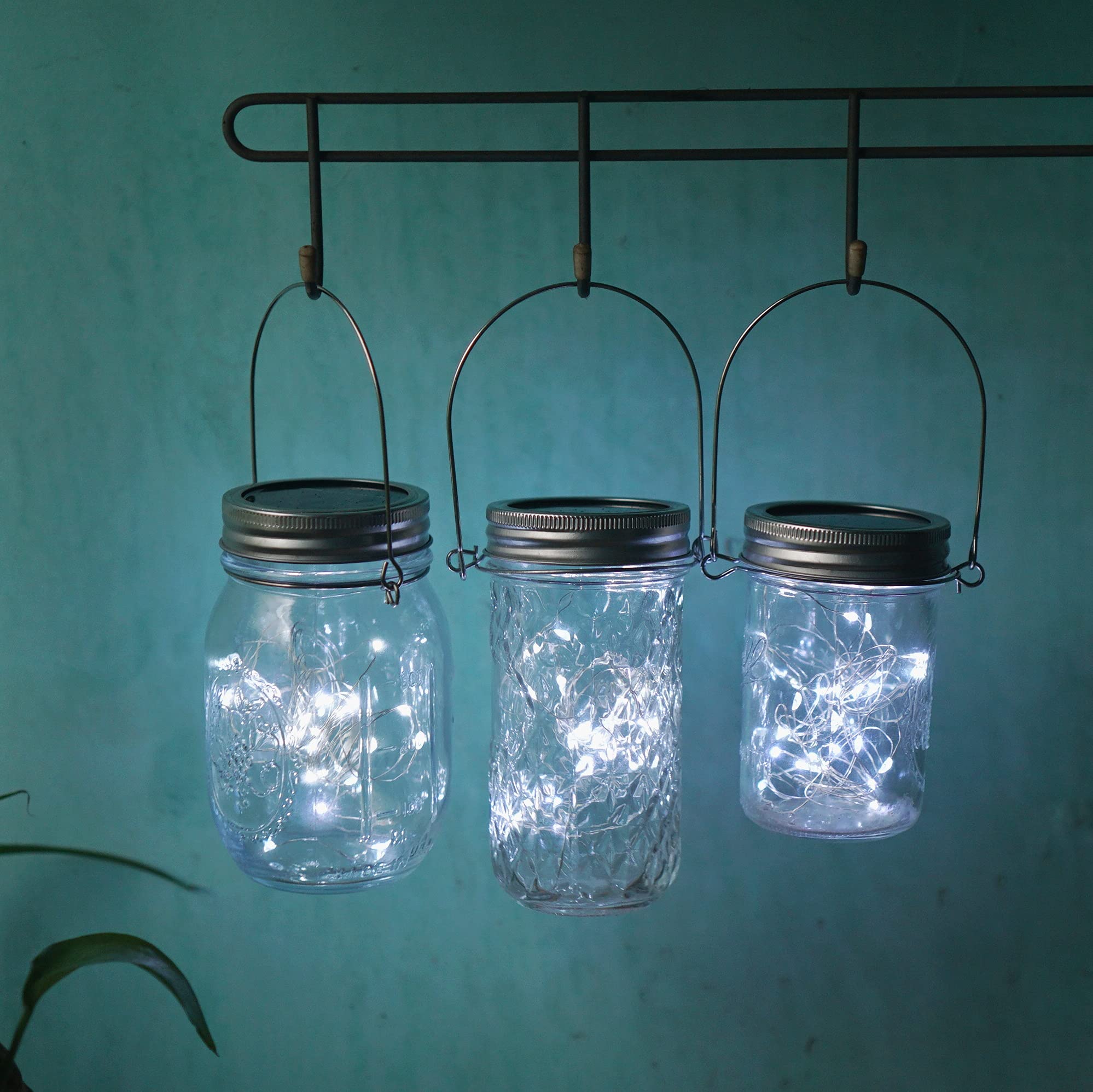 Decorman Solar Mason Jar Lights - 10 Pack 30 LED Fairy String Lights with Hangers | Cool White Outdoor Lighting for Garden, Patio, Wedding & Christmas Decor (Jars Not Included) | Perfect for Backyard Parties, Romantic Evenings & Holiday Displays