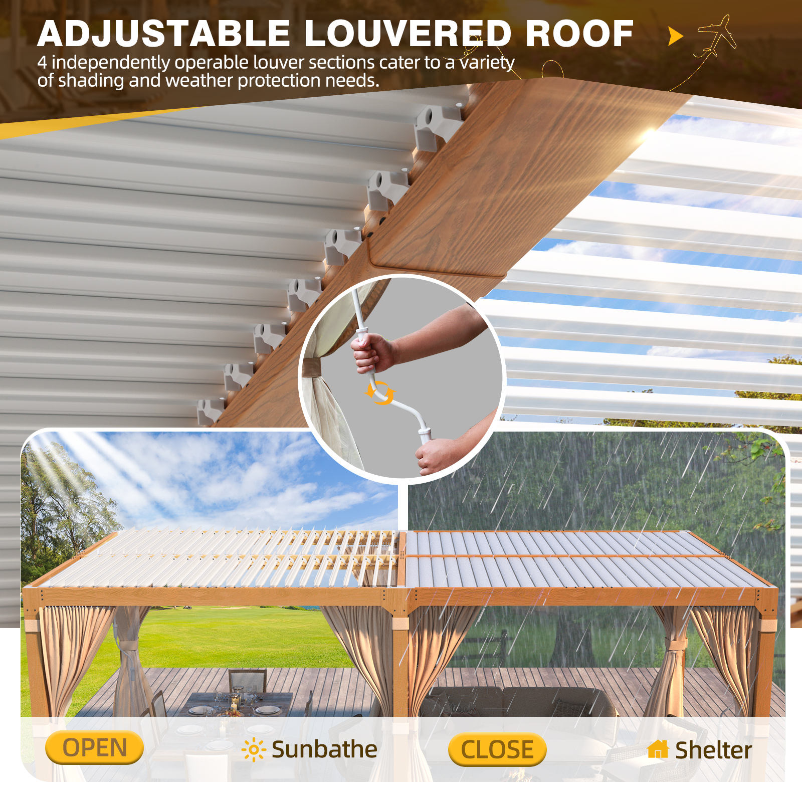 EROMMY 10X20 Louvered Pergola with Independent Adjustable Roof - Wood Grain Finish for Patio, Backyard, and Outdoor Living Spaces