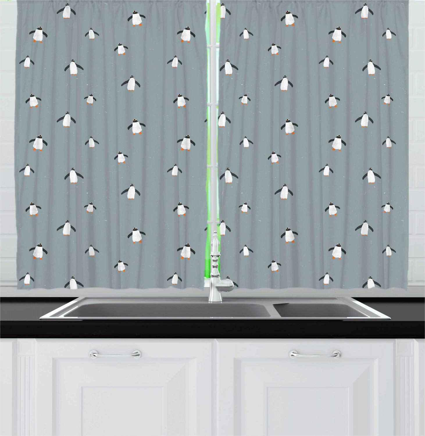 Ambesonne Penguin Kitchen Curtains Set of 2 Panels - Minimal Arctic Fauna Bird Print Window Drapes for Kitchen & Cafe Decor, 55