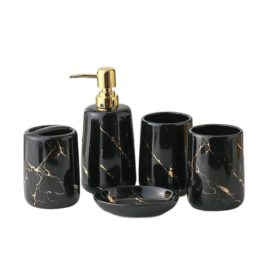 Premium 5-Piece Ceramic Soap Dispenser Set for Bathroom & Kitchen - Includes Toothbrush Holder, Mouthwash Cup & Soap Dish - Ideal for Hand Sanitizer, Shampoo & Liquid Soap - Perfect for Home, Hotel & Spa Decor