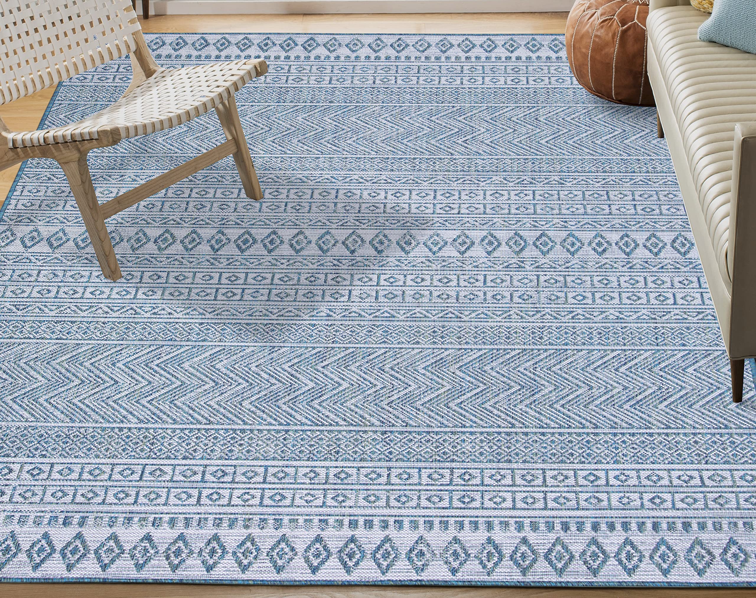 Boho Vintage Area Rug 6.5'x9' - Stain Resistant Washable Indoor Outdoor Rug - Pet Friendly Easy Clean Non-Slip Rug for Living Room, Bedroom, Kitchen, Patio, Balcony - Teal Blue Bohemian Decor Rug for Cozy Home & Apartment