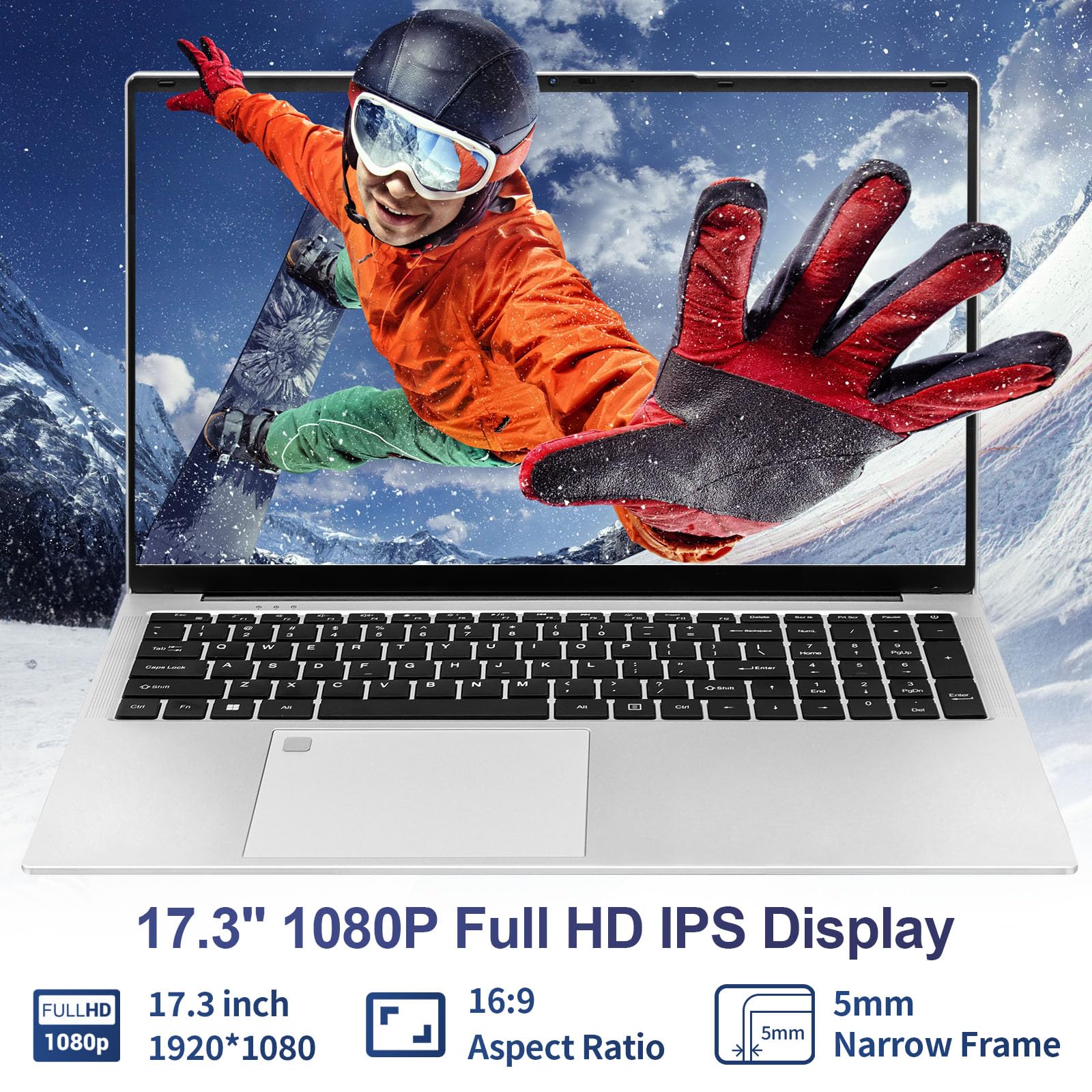 UDKED 17.3 Inch Laptop - Intel Celeron N5095 Processor (Up to 2.9GHz), 16GB DDR4 RAM, 256GB SSD, FHD IPS Display, 180° Hinge, Backlit Keyboard, Fingerprint Reader, HDMI Port (Silver) - Perfect for Work, Study & Entertainment