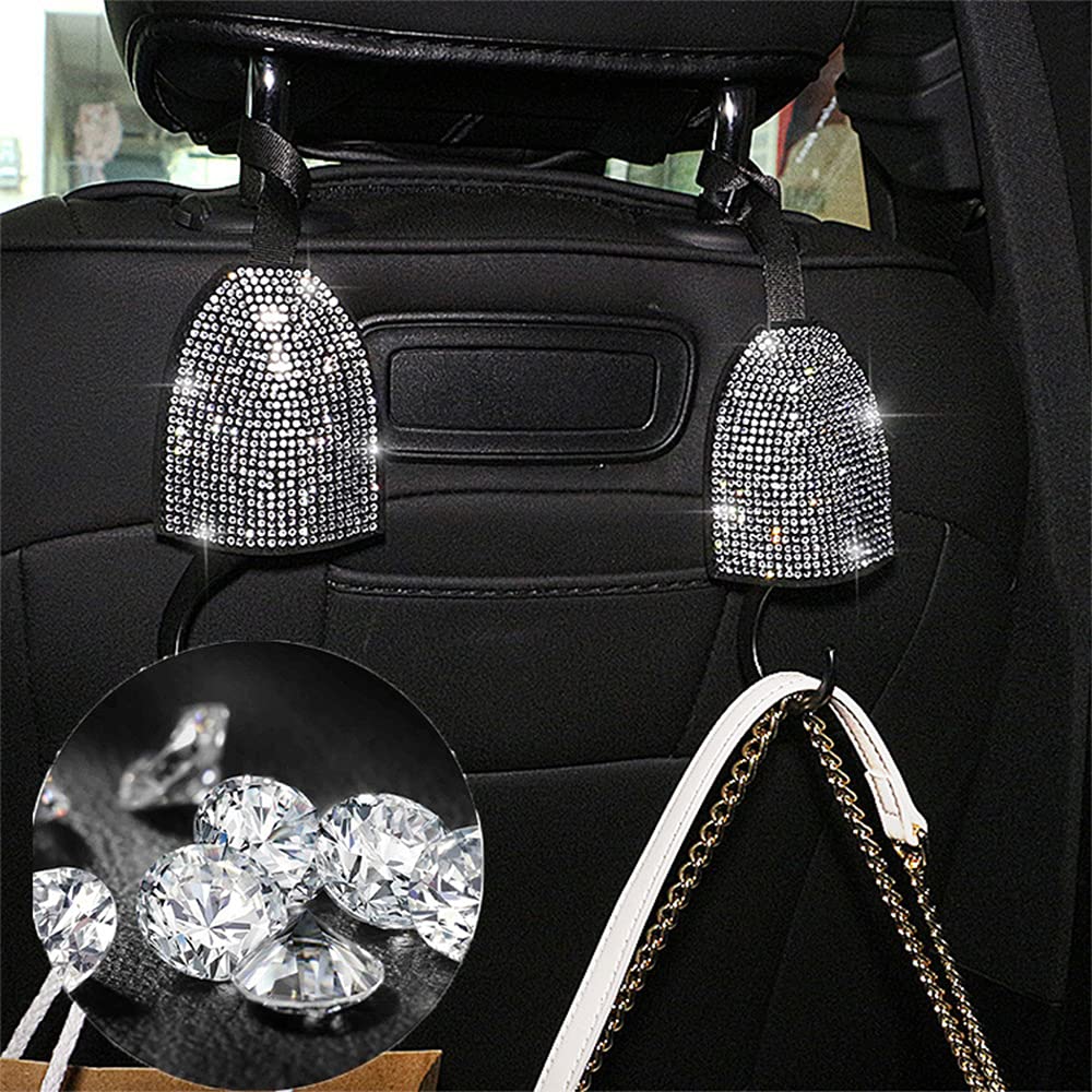 2 Pack Stylish Bling Car Headrest Hooks - Premium Silver Purse Hangers for Women | Perfect for Hanging Handbags, Totes & Shopping Bags While Driving
