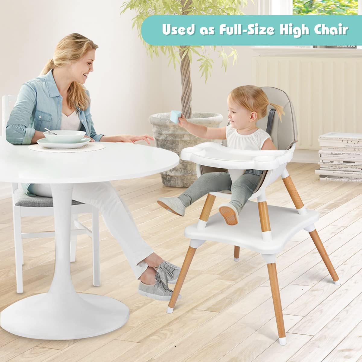 INFANS 5-in-1 Convertible Baby High Chair with 5-Point Safety Harness, Detachable Tray & Wipeable Cushion - Wooden Dining Chair, Booster Seat, Table & Chair Set for Toddlers & Infants (Grey) | Perfect for Feeding, Playtime & Learning Activities at Home