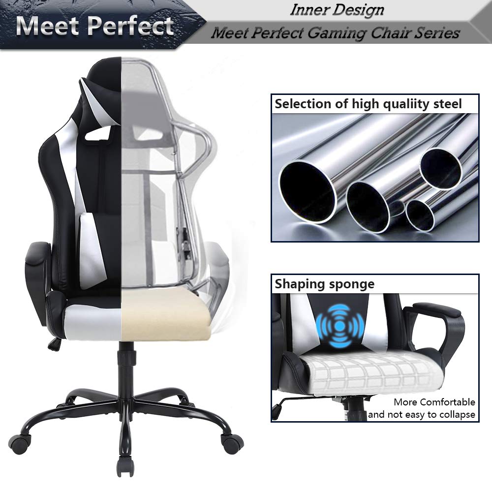 Racing Style Gaming Chair - Ergonomic High Back Office Chair with Adjustable Headrest & Lumbar Support - White Leather Computer Desk Chair for Gaming, Work & Home Office Use
