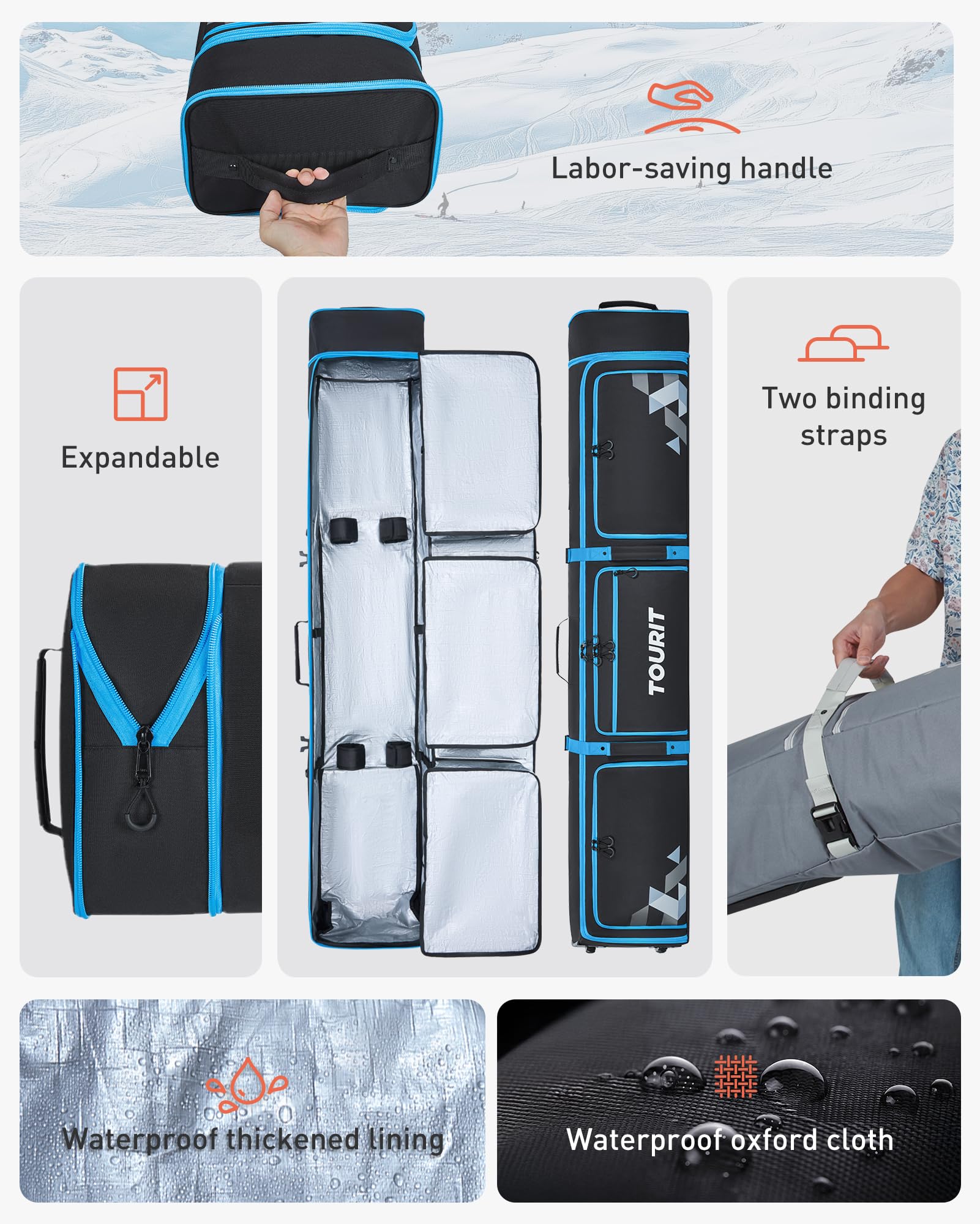TOURIT Wheeled Ski and Snowboard Travel Bag - Padded Protection for Air Travel, Extendable 170-185cm (67-73in) - 3 Exterior Pockets for Boots, Helmets & Goggles - Perfect for Winter Sports Vacations and Mountain Getaways