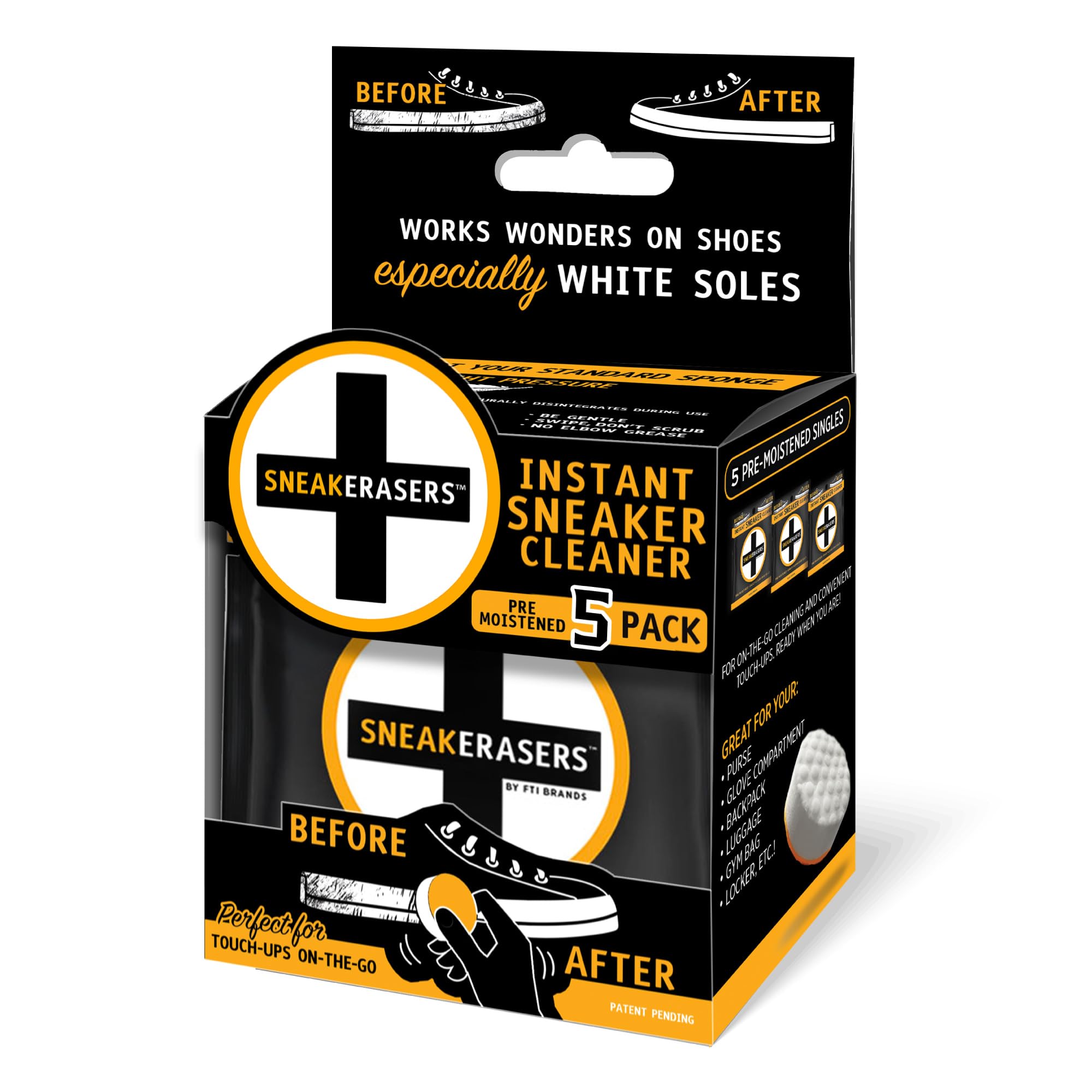 SneakERASERS Instant Sneaker Cleaner Sponge - 5 Pack Pre-Moistened Shoe Cleaning Wipes for White Sneakers & Tennis Shoes | Effective on Smooth Soles & Midsoles | Portable for Gym, Travel & Everyday Use