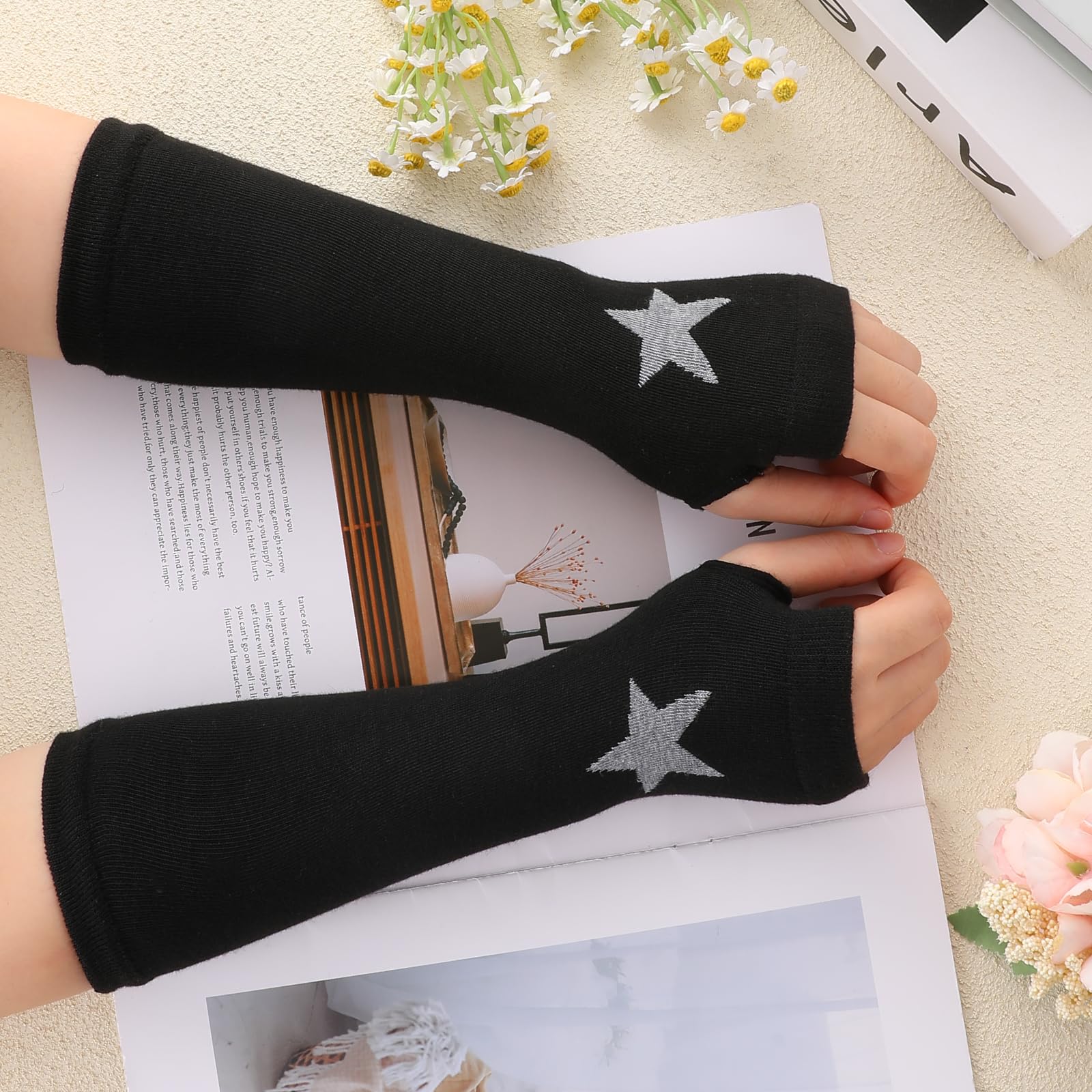Gothic Arm Warmers for Women - Y2K Knitted Fingerless Gloves with Thumb Hole - Black Steampunk Fashion Accessories for Concerts, Cosplay & Winter Outfits