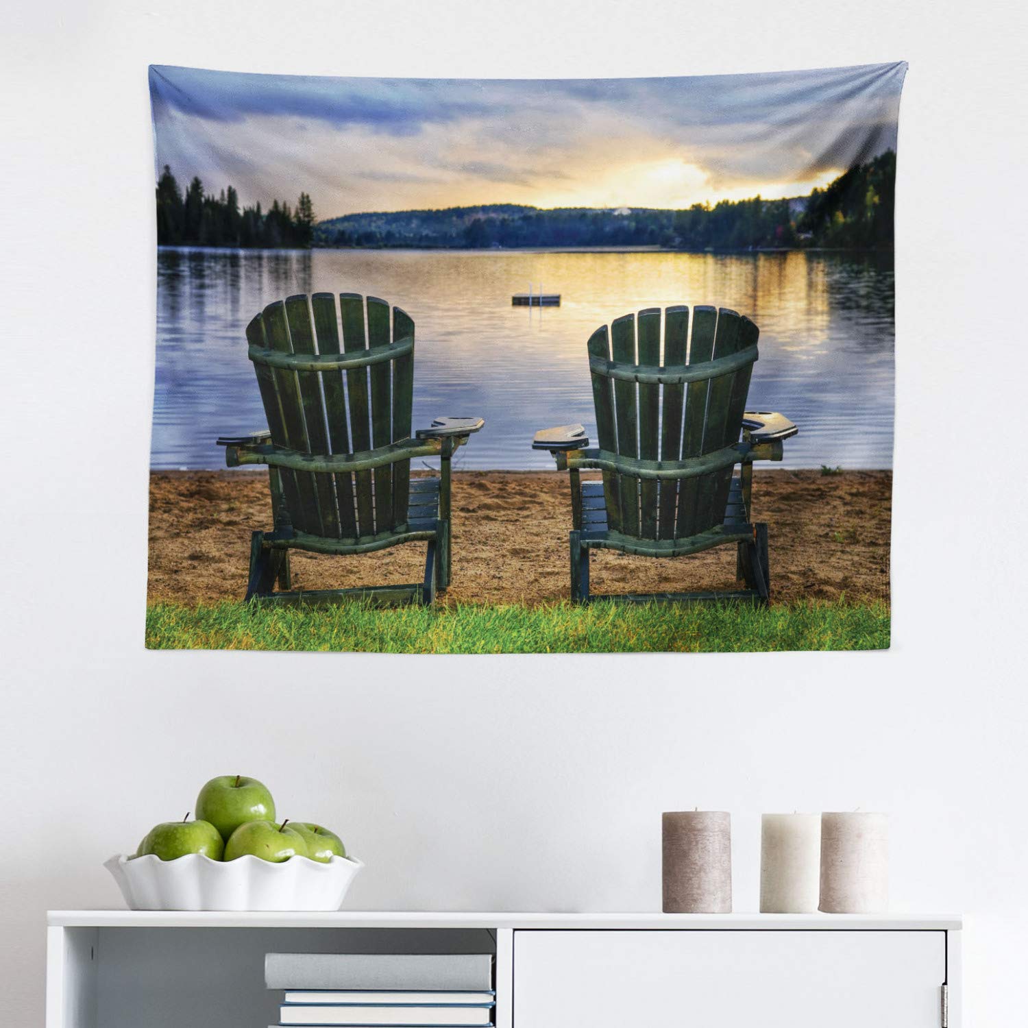 Ambesonne Coastal Tapestry - Sunset Lakeside Wooden Chairs Wall Art - 28