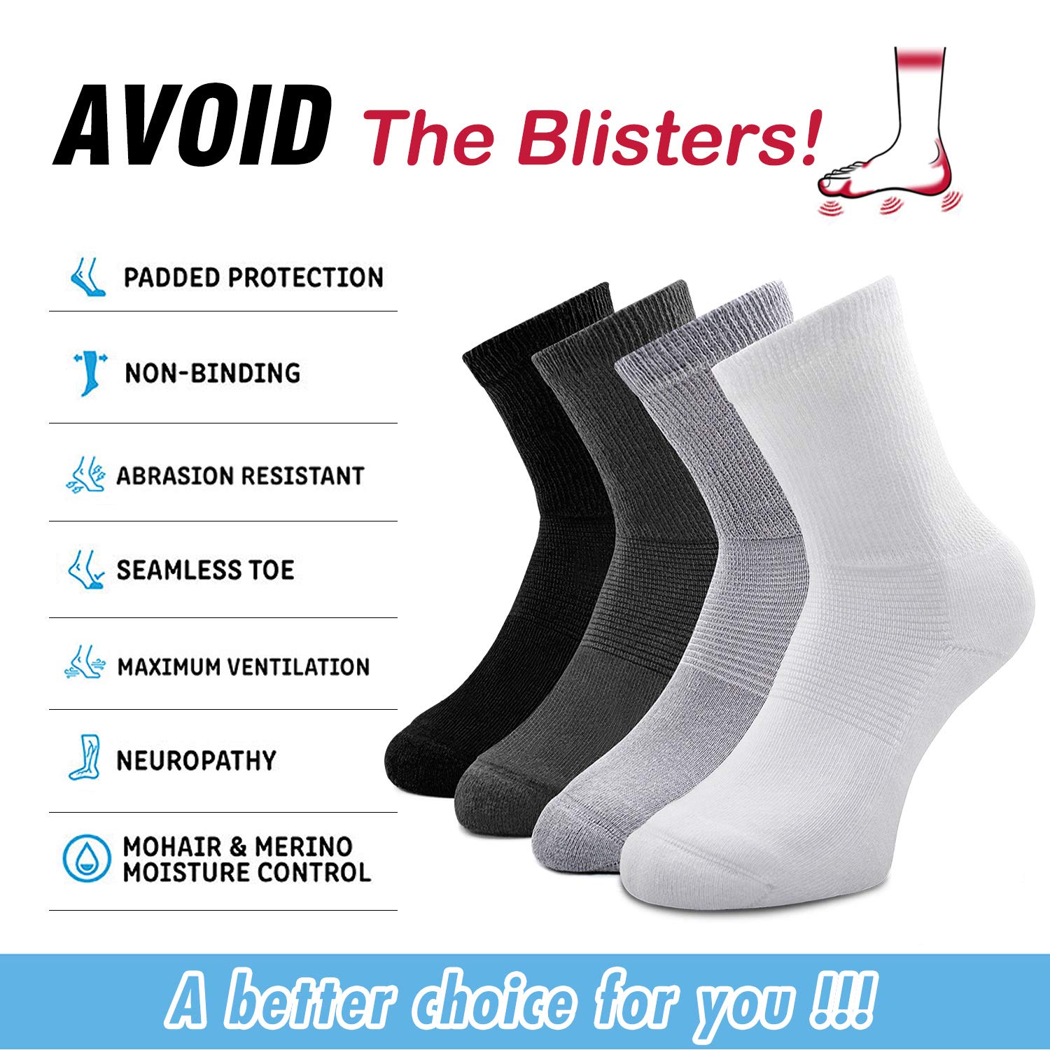 4 Pack Non-Binding Diabetic Socks for Men & Women - Loose Top Crew Cotton Socks with Thick Cushioning | Ideal for Circulation, Comfort & Daily Wear