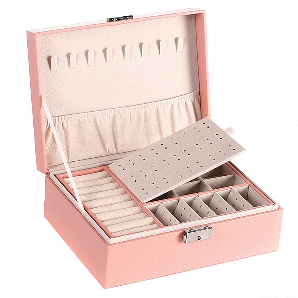 NuAngela Large 2-Layer Jewelry Box Organizer for Women & Girls - PU Leather Jewelry Storage Case with Removable Tray for Necklaces, Earrings, Rings, Bracelets - Perfect for Travel, Home Decor & Gift Giving (Pink)