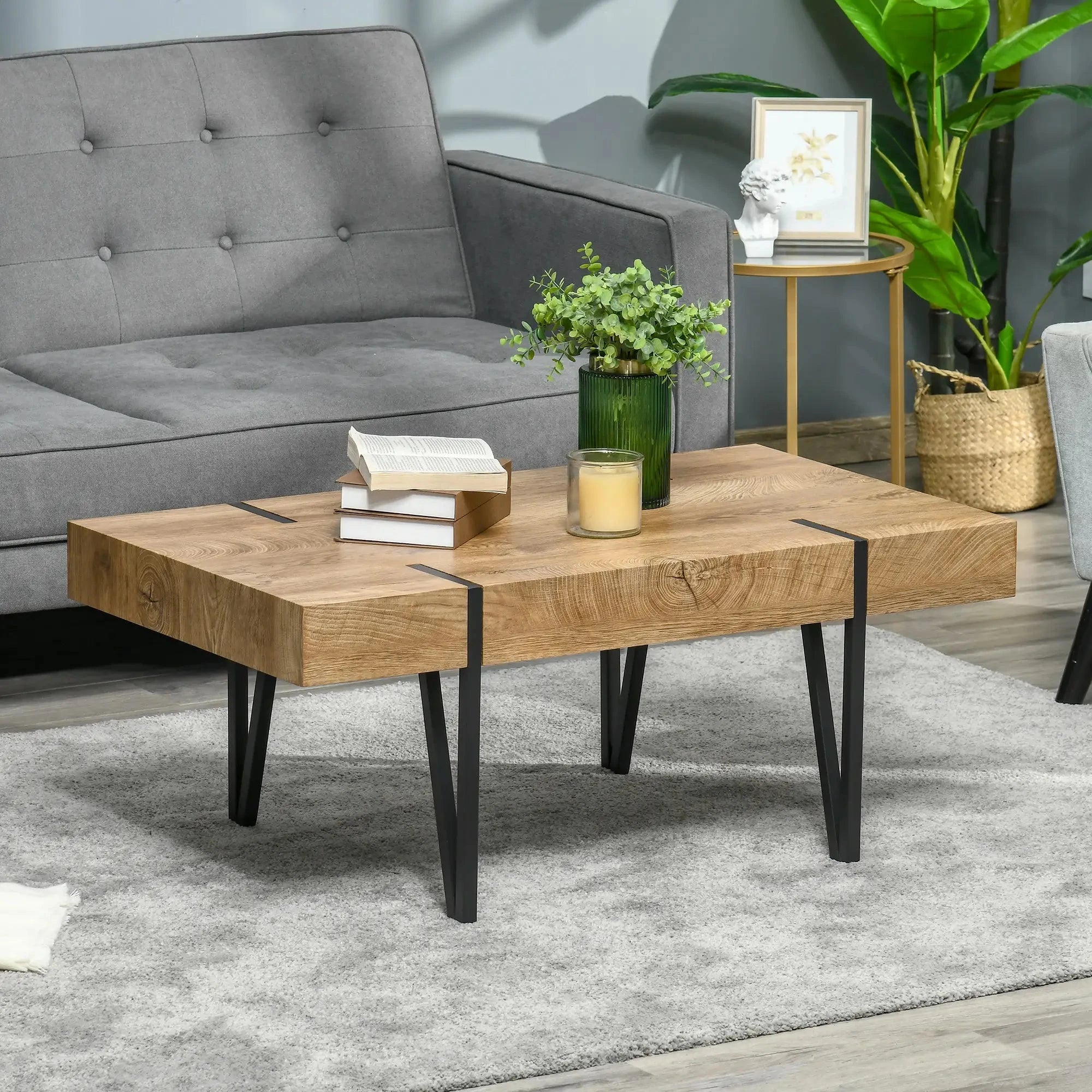 Rustic Coffee Table with Steel Hairpin Legs - Solid Natural Wood Modern Farmhouse Living Room Furniture for Home Decor & Small Spaces