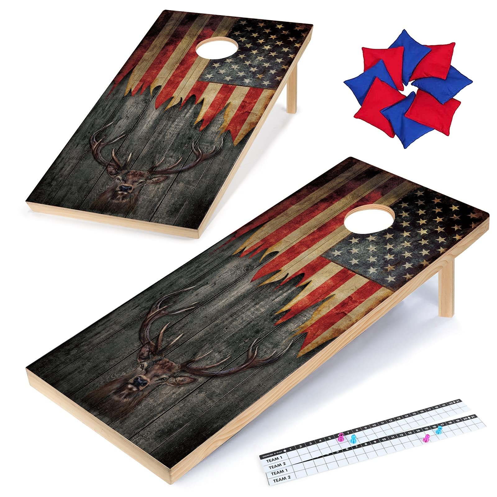 Premium 2x4 Ft Regulation Size Wooden Cornhole Set - American Flag Design Outdoor Toss Game for Backyard, Tailgating & BBQ Parties - Classic Bean Bag Toss with 8 Bags & Carrying Case