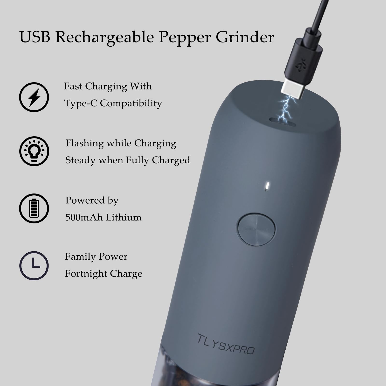 Electric Salt and Pepper Grinder Set - USB Rechargeable Automatic Spice Mill with Adjustable Coarseness & LED Light - Refillable Kitchen Gadget for Home Cooking (1-Pack, Blue-Grey) - Perfect for Seasoning Steaks, Salads & Gourmet Dishes
